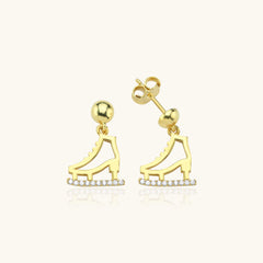 Gold Ice Skate Dangle Earrings with CZ Stones | 925 Sterling Silver | Winter Wonderland Jewelry