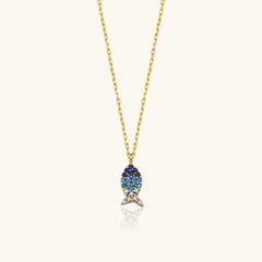 Fish Necklace with Colorful CZ Stones, 18K Gold-Plated Sterling Silver