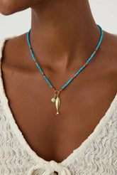 Turquoise Beaded Fish Charm Necklace – 18K Gold-Plated Sterling Silver