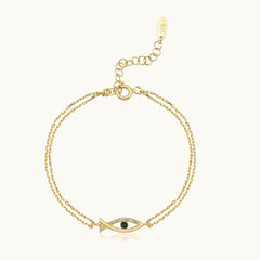 Fish-Shaped Bracelet with CZ Stones and Black Onyx, 18K Gold-Plated Sterling Silver