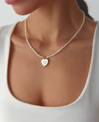 Mother of Pearl Heart Pendant Initial Necklace with Pearl Beaded, 18K Gold-Plated Sterling Silver