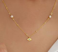 Minimalist Handmade Evil Eye Pearl Chain Necklace