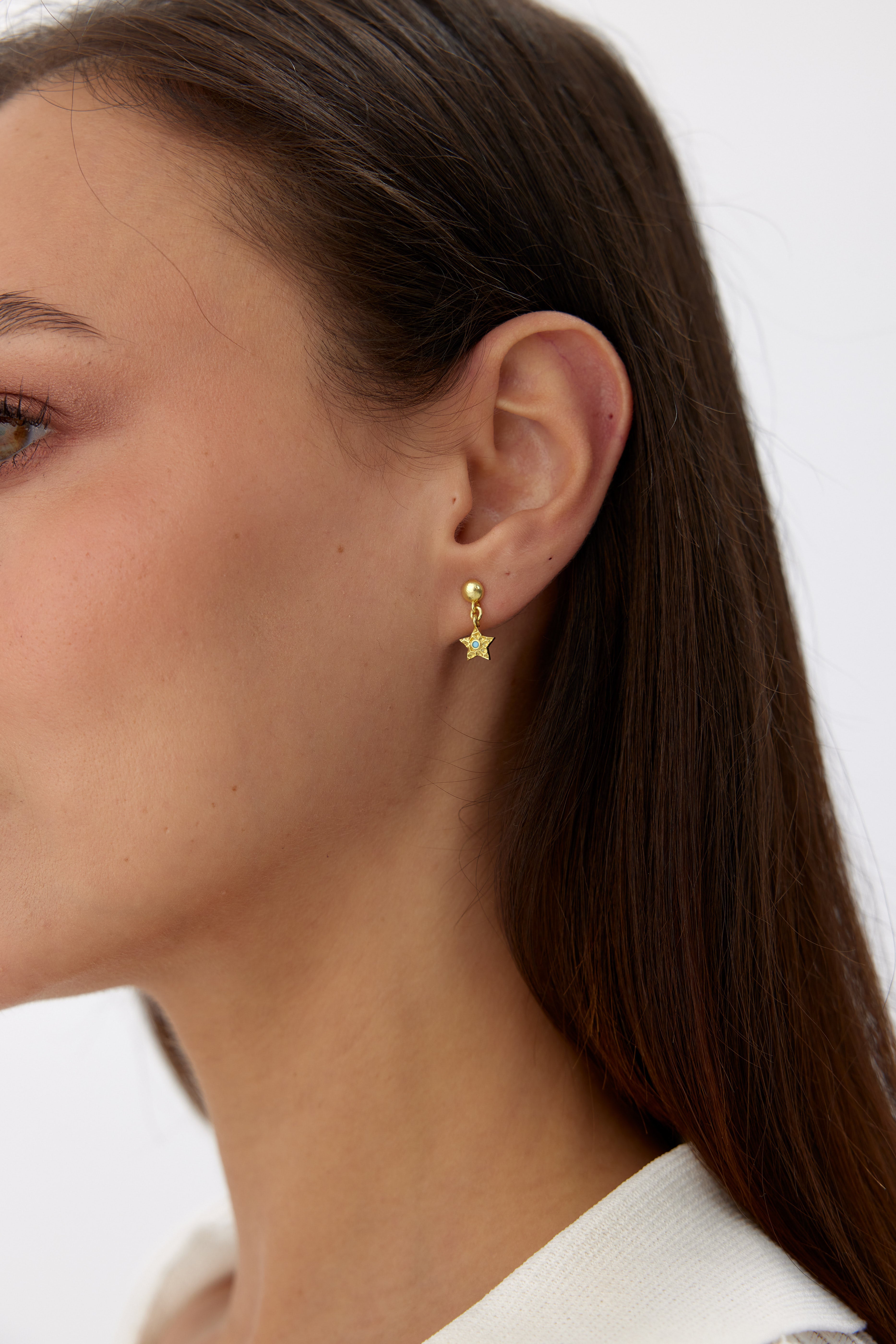 Gold Star Drop Earrings with Turquoise Center | Dainty Star Studs | Celestial Jewelry