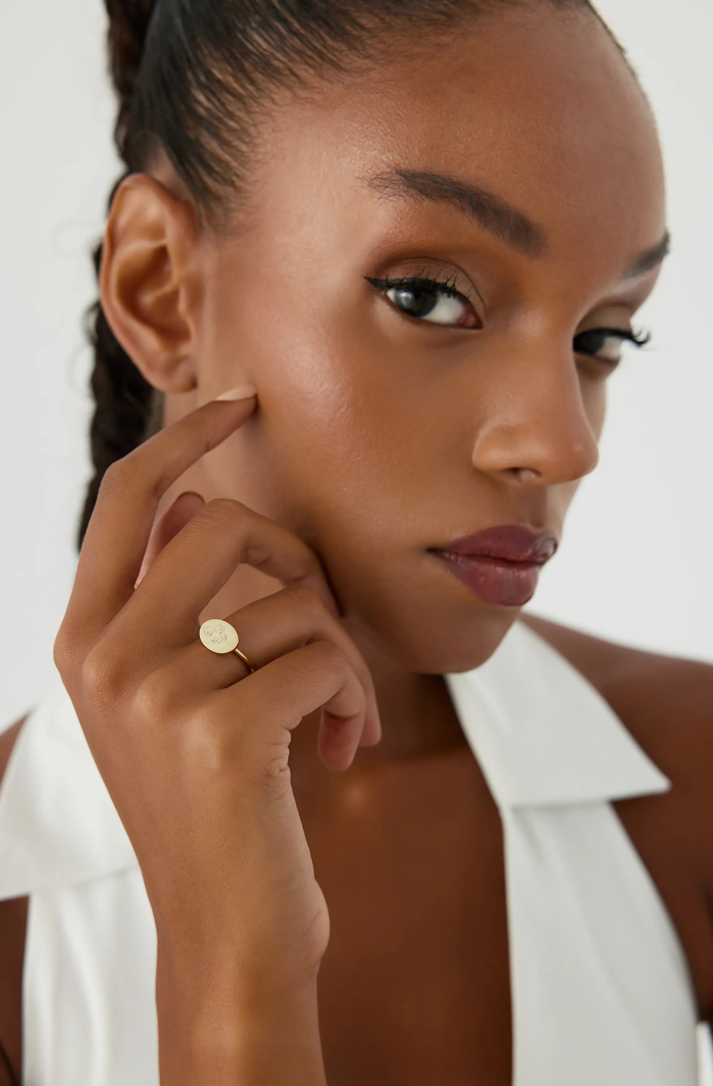 Horizontal Birth Flower Ring, 18K Gold-Plated Sterling Silver