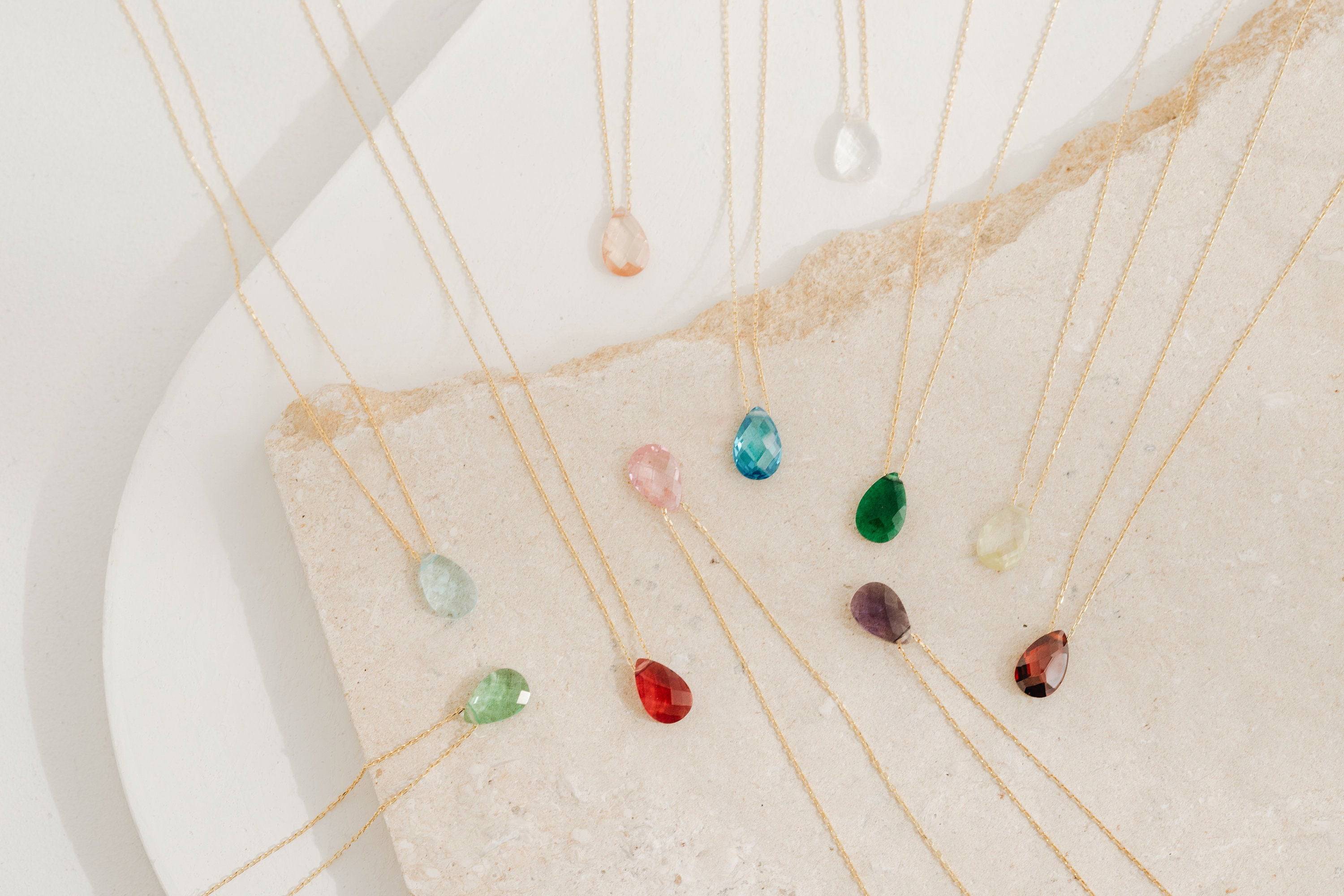 Dainty Teardrop Birthstone Necklace • Gemstone 18K Gold-Plated Sterling Silver