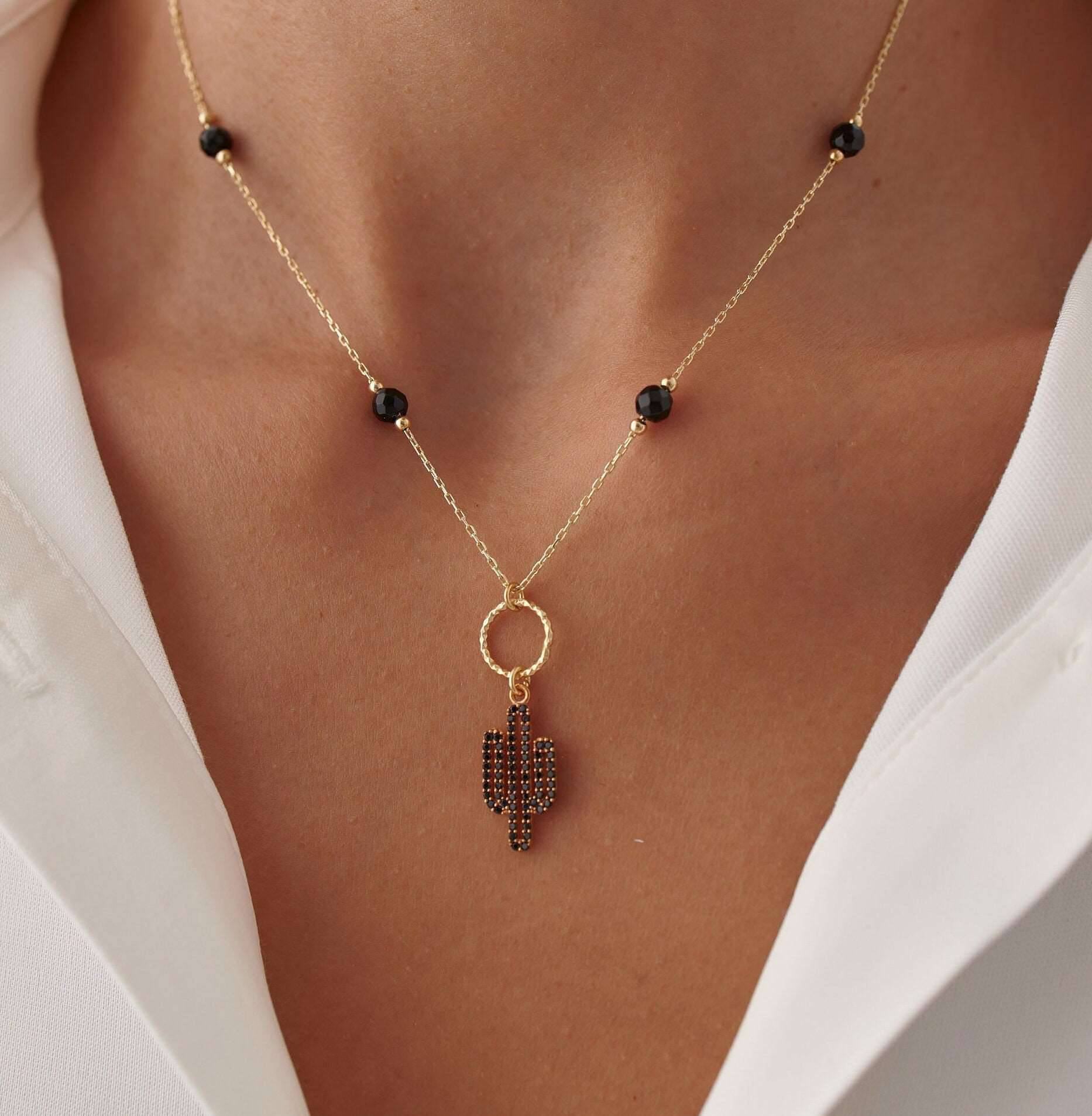 Dainty Cactus Necklace – 18K Gold-Plated Sterling Silver with Black Bead Accents
