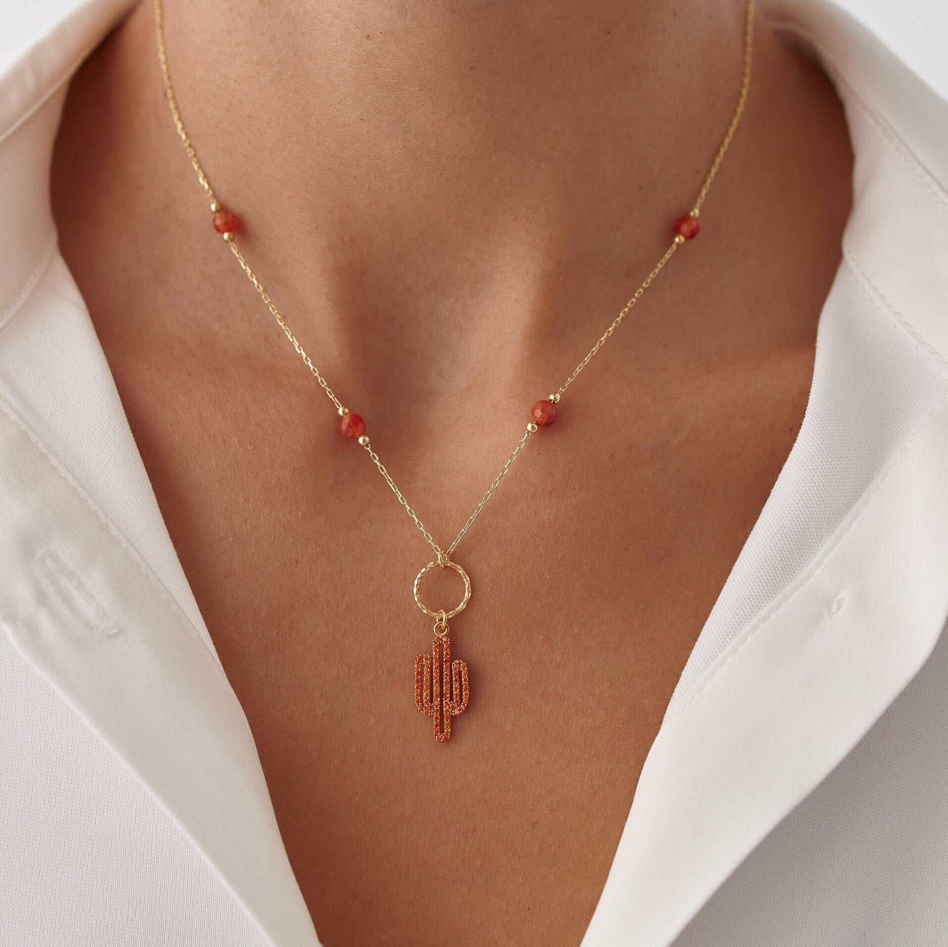 Dainty Cactus Necklace – 18K Gold-Plated Sterling Silver with Black Bead Accents