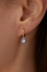 Gold Huggie Earrings | 925 Sterling Silver Blue and White CZ Round Charm | Minimalist Hoop Earrings | Dabas Minimalist Jewelry