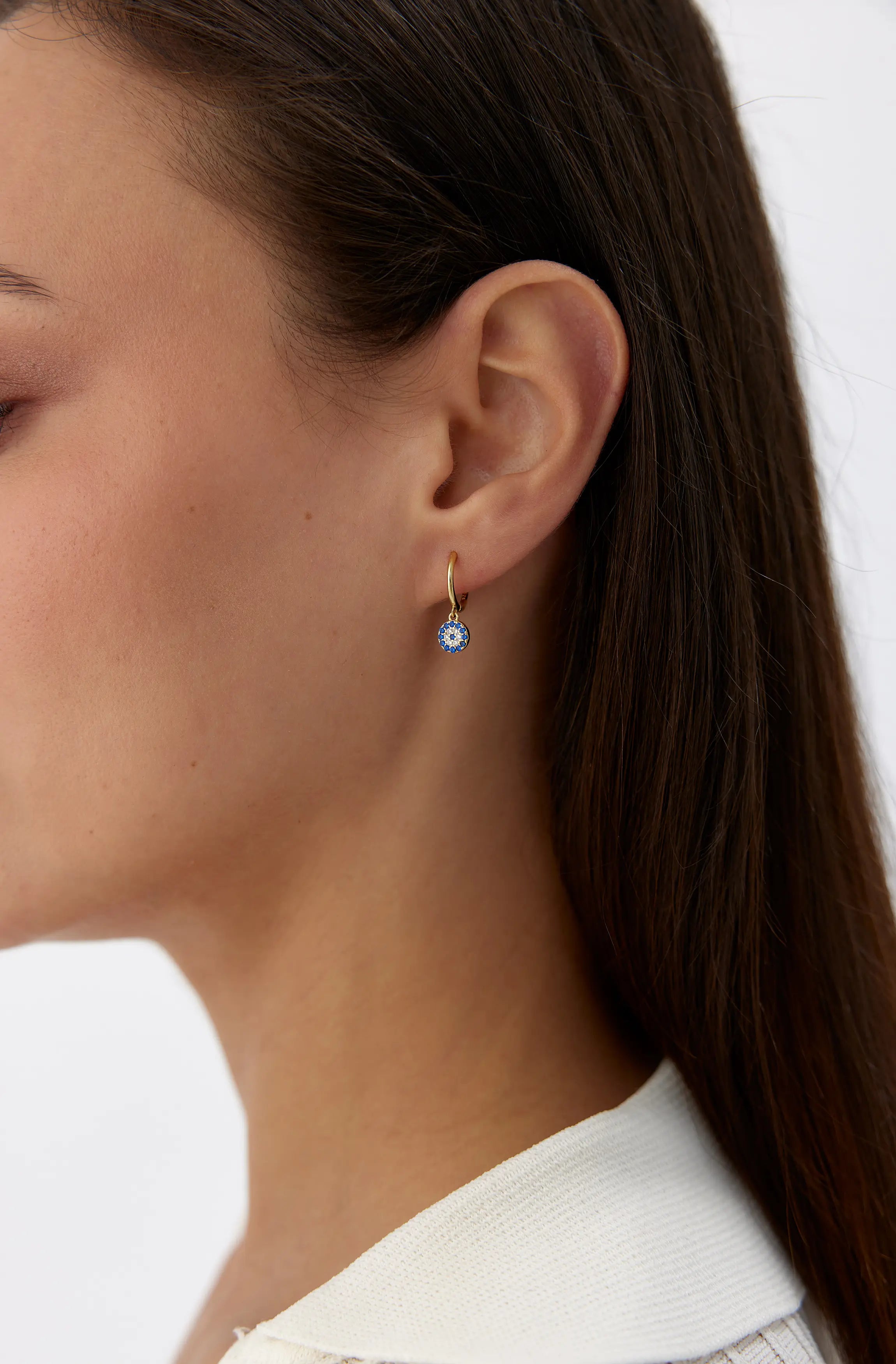 Gold Huggie Earrings | 925 Sterling Silver Blue and White CZ Round Charm | Minimalist Hoop Earrings | Dabas Minimalist Jewelry