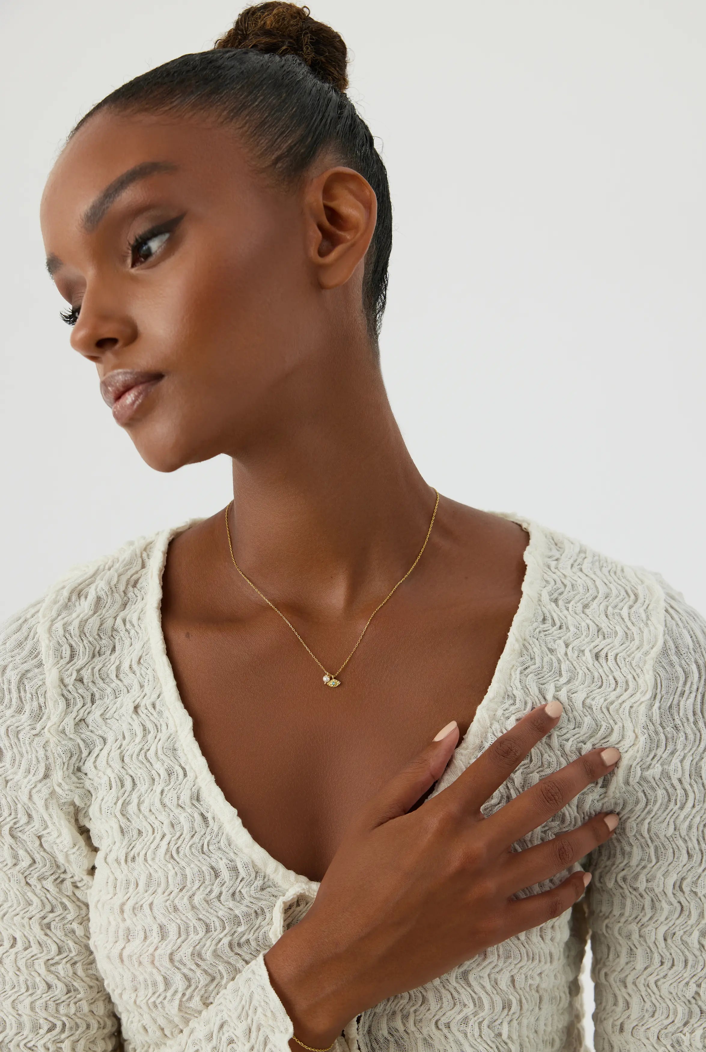 Tiny Evil Eye Necklace with Pearl, 18K Gold-Plated Sterling Silver