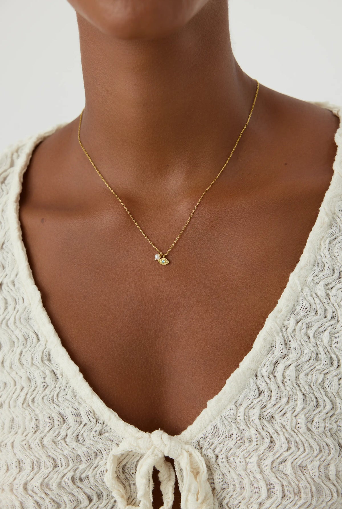 Tiny Evil Eye Necklace with Pearl, 18K Gold-Plated Sterling Silver