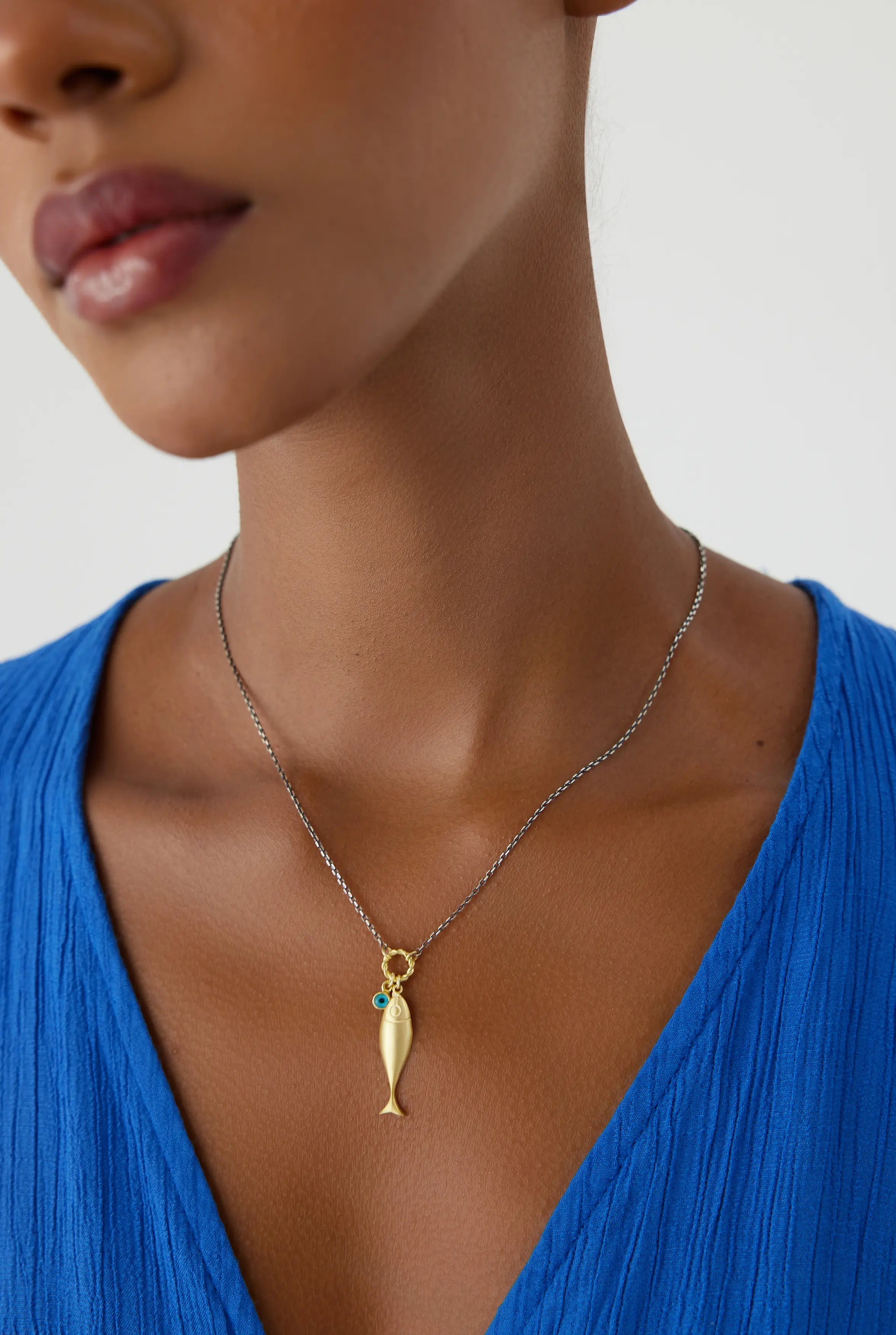 18K Gold Fish Necklace with Turquoise Charm, Ocean-Inspired Minimalist Jewelry