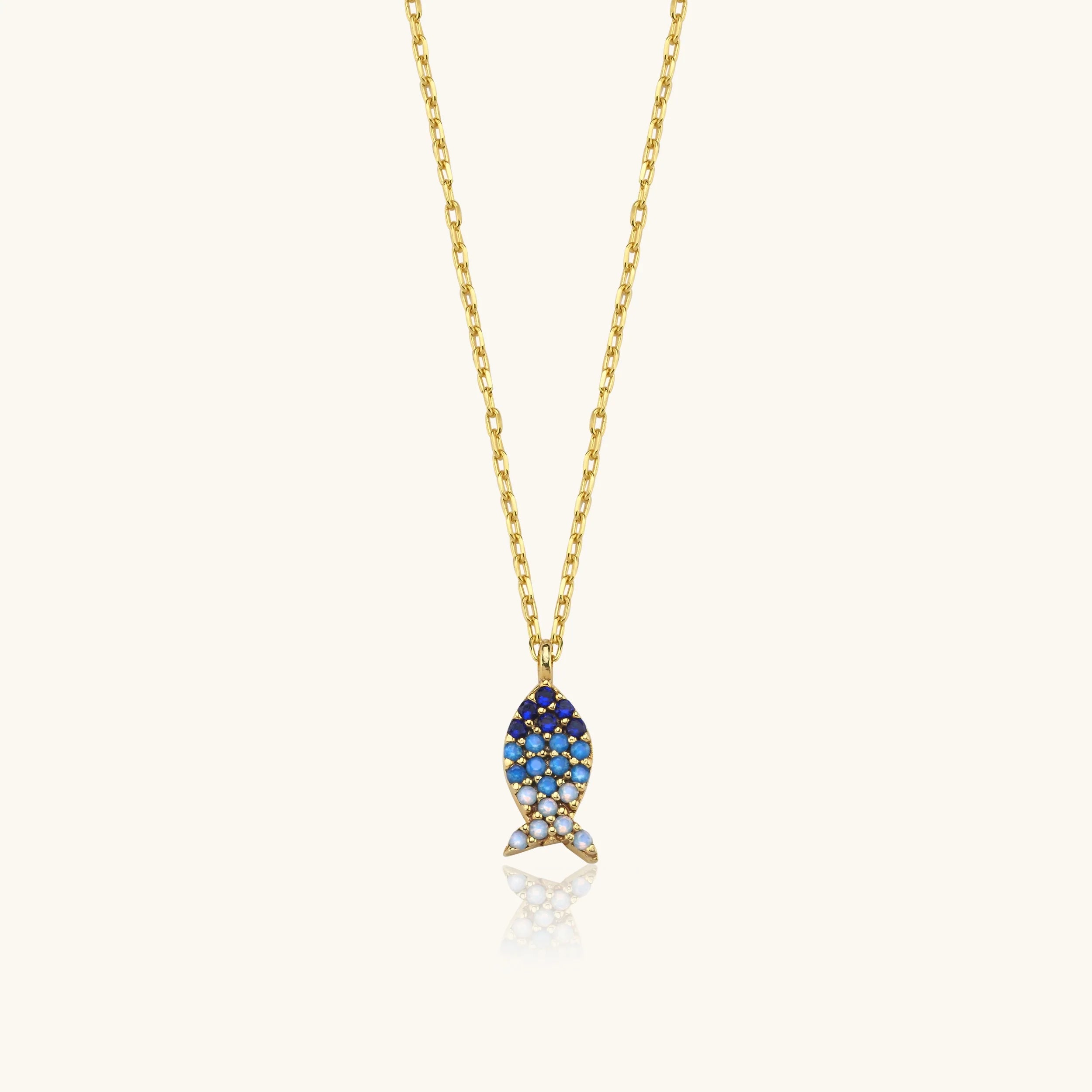 Fish Necklace with Colorful CZ Stones, 18K Gold-Plated Sterling Silver