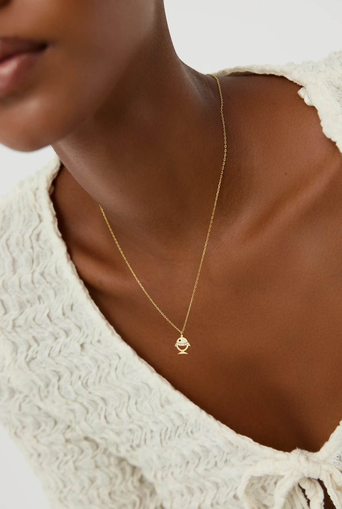 Tiny Fish Necklace with CZ Stone, 18K Gold-Plated Sterling Silver