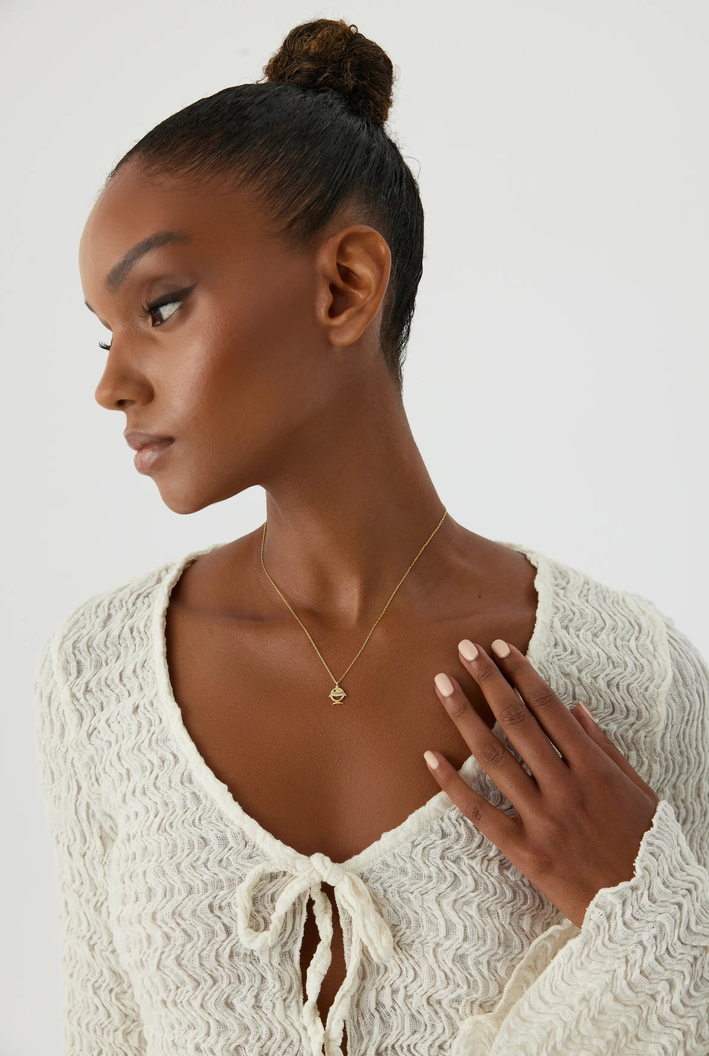 Tiny Fish Necklace with CZ Stone, 18K Gold-Plated Sterling Silver