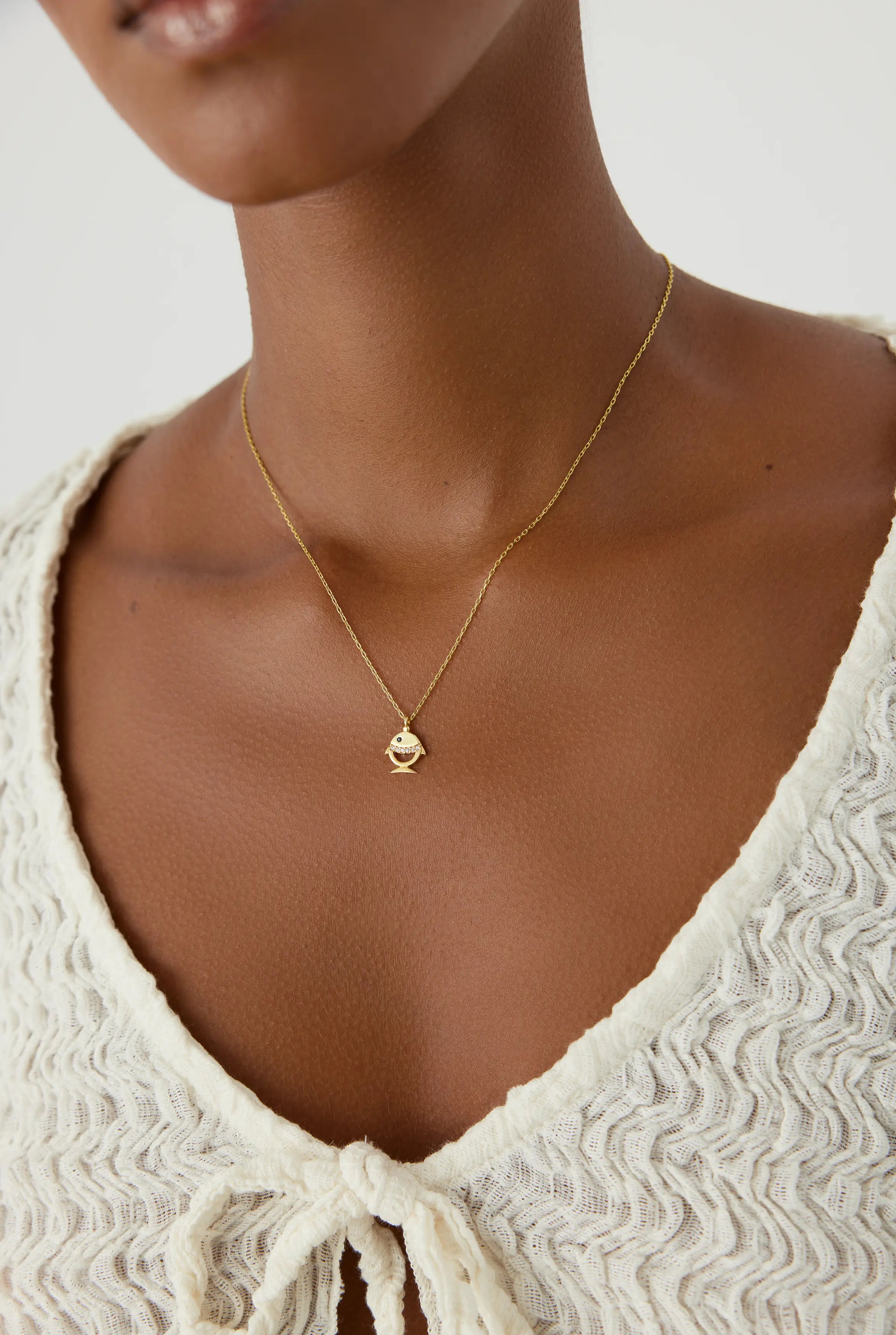 Tiny Fish Necklace with CZ Stone, 18K Gold-Plated Sterling Silver