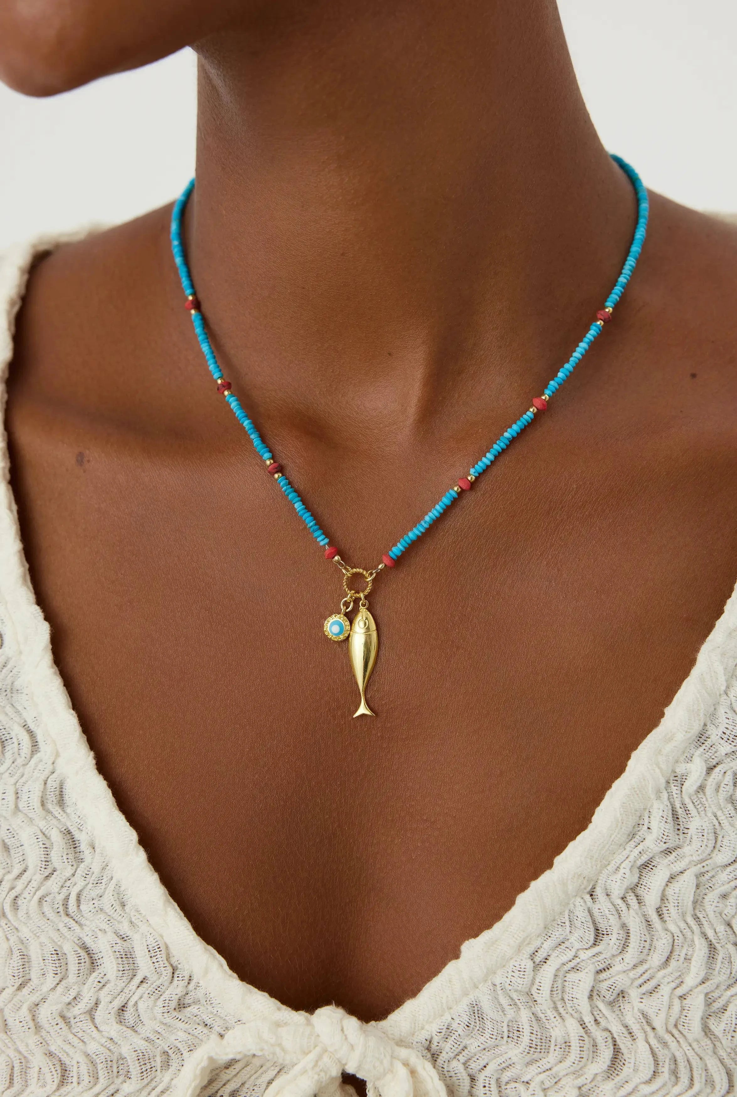 Turquoise Beaded Fish Charm Necklace – 18K Gold-Plated Sterling Silver
