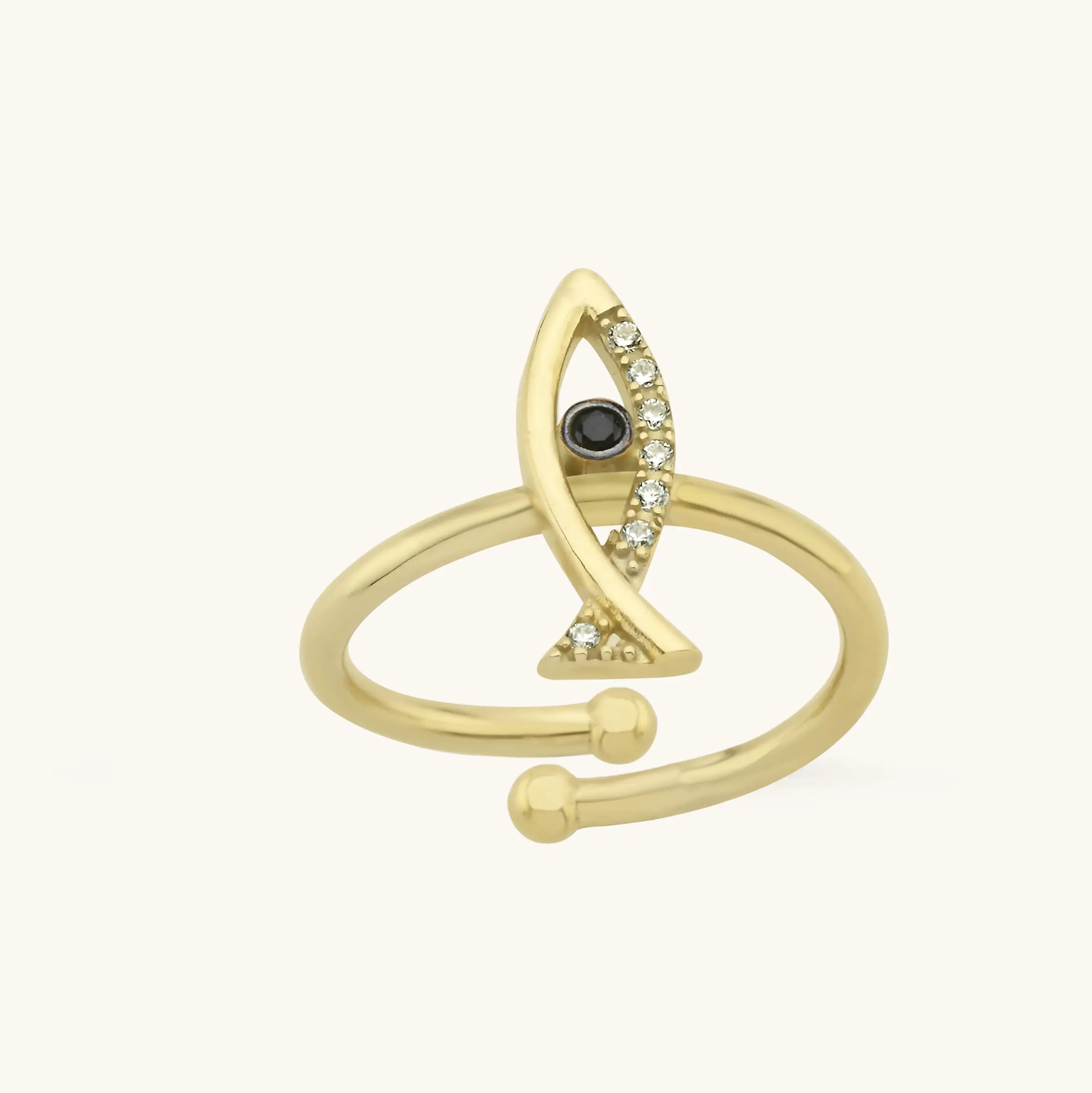 Fish Shaped Ring with Black CZ Stones, 18K Gold-Plated Sterling Silver