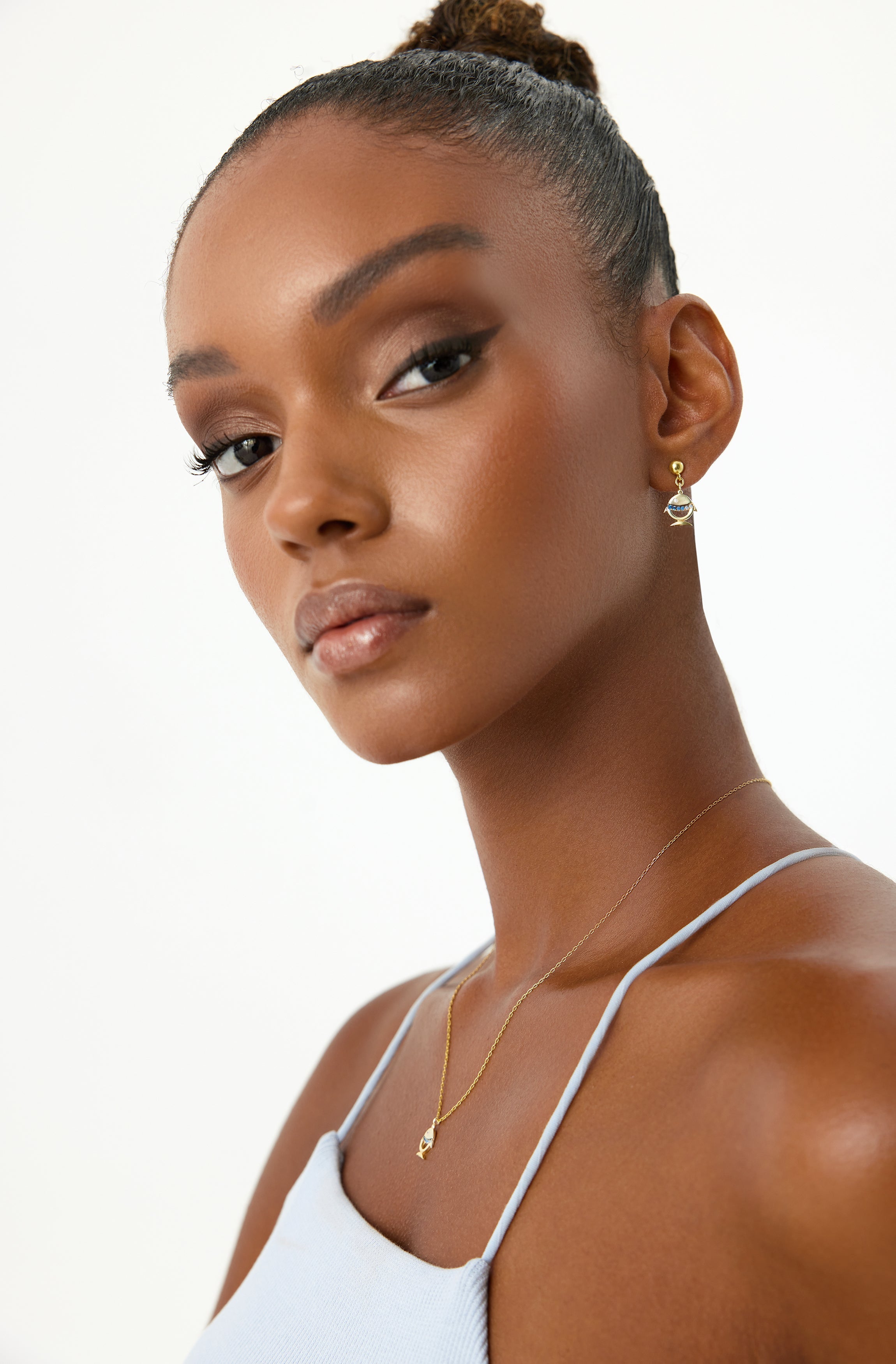 Fish Stud Earrings with CZ Stones, 18K Gold-Plated Sterling Silver