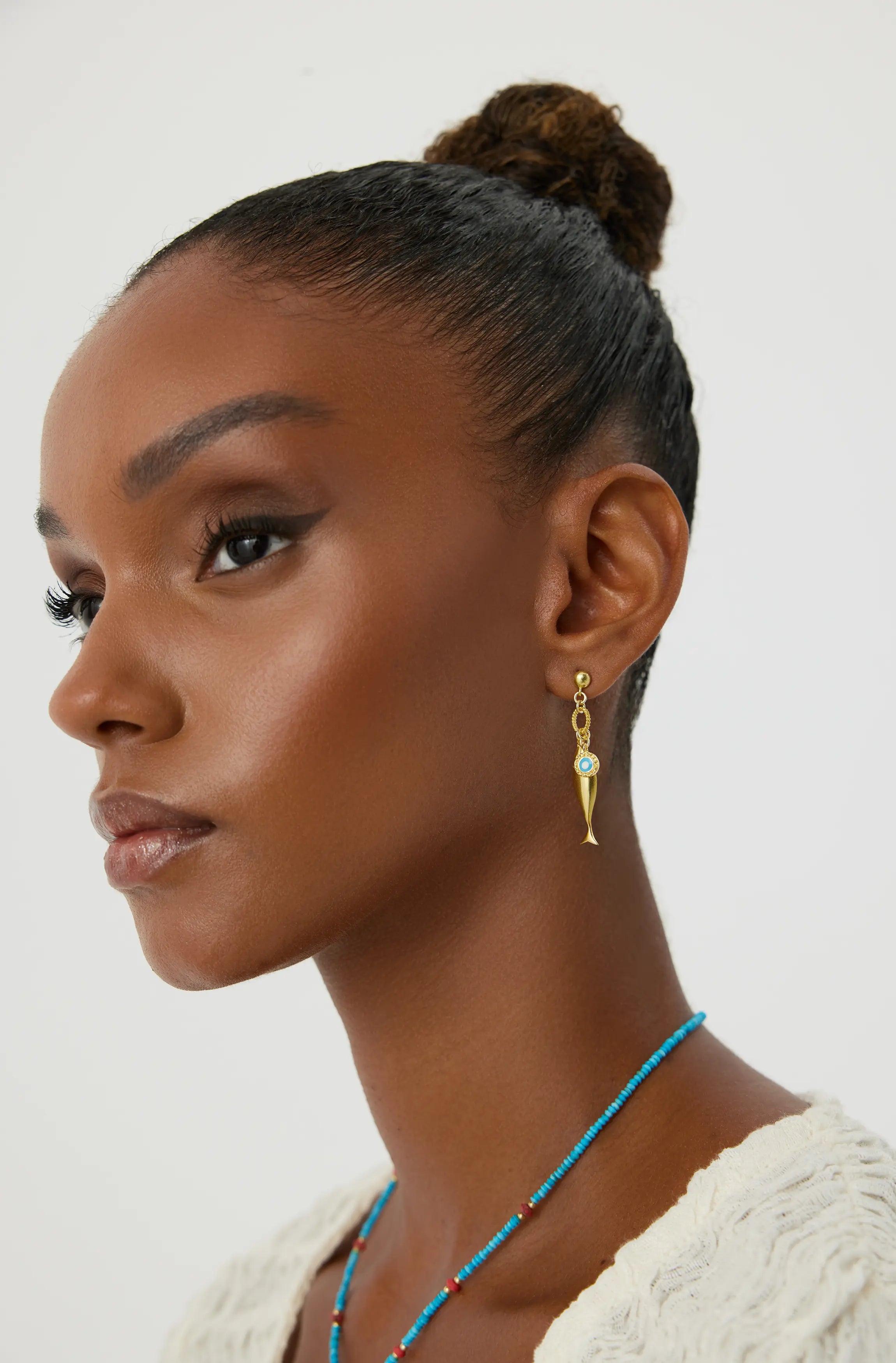 Fish Stud Earrings with Evil Eye Charm, 18K Gold-Plated Earrings