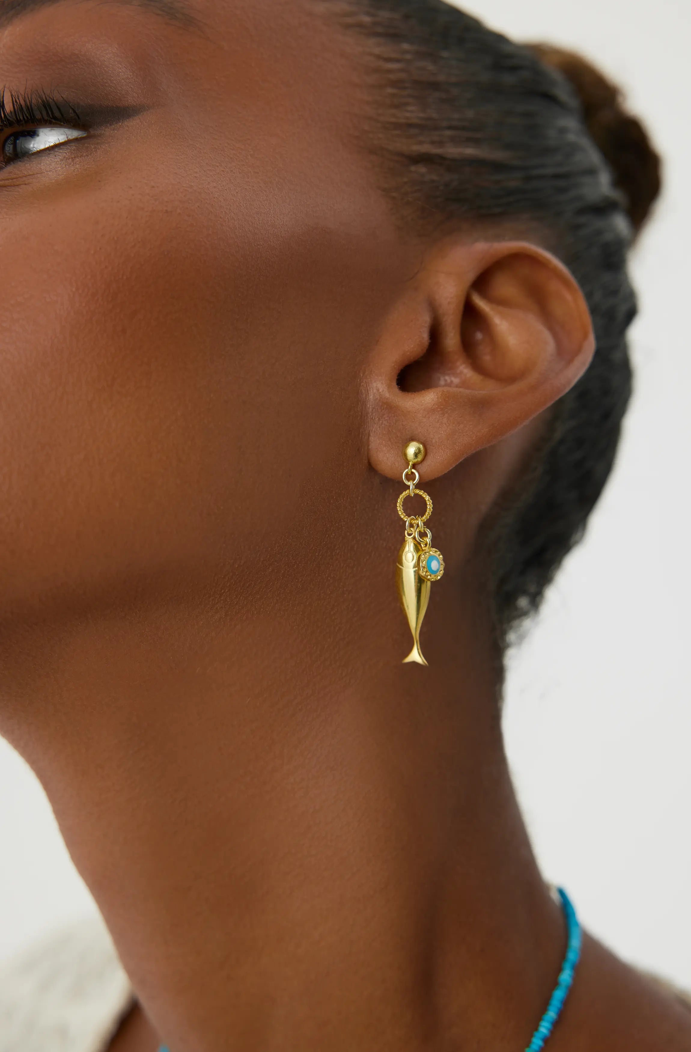Fish Stud Earrings with Evil Eye Charm, 18K Gold-Plated Earrings