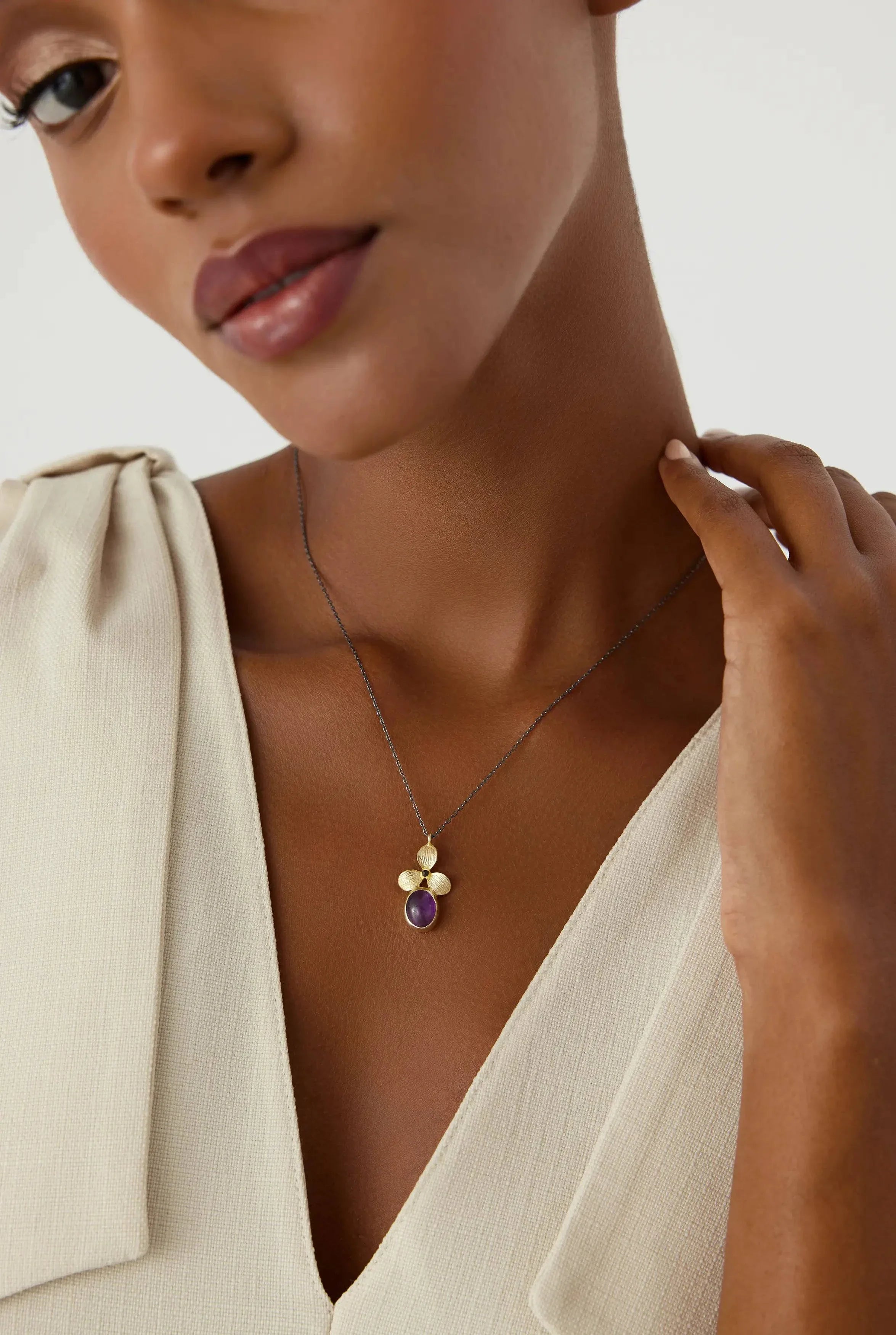 Amethyst Orchid Flower Necklace, 18K Gold-Plated Sterling Silver