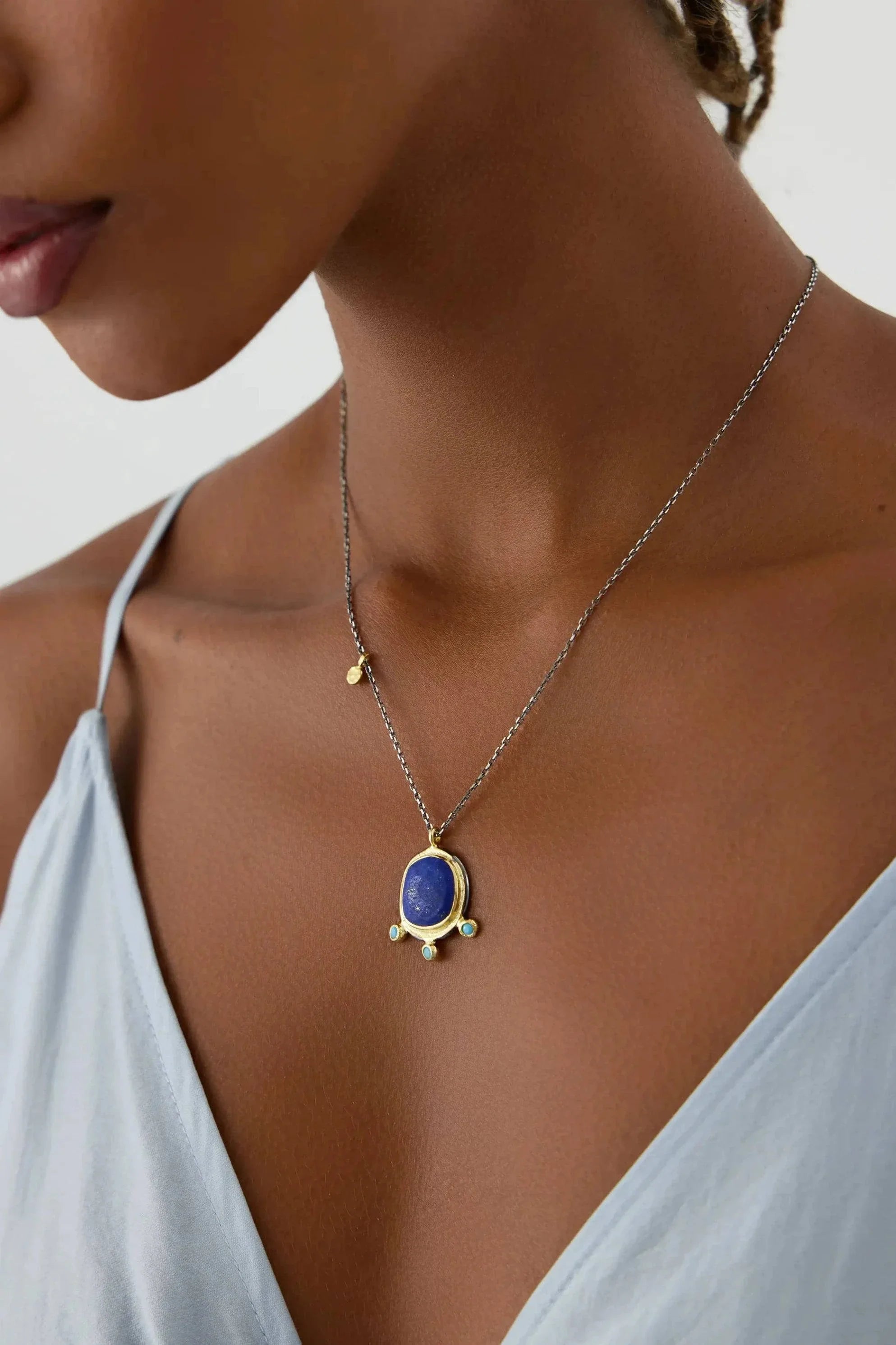 Lapis Lazuli Pendant Necklace with Turquoise Stone, 18K Gold-Plated Sterling Silver