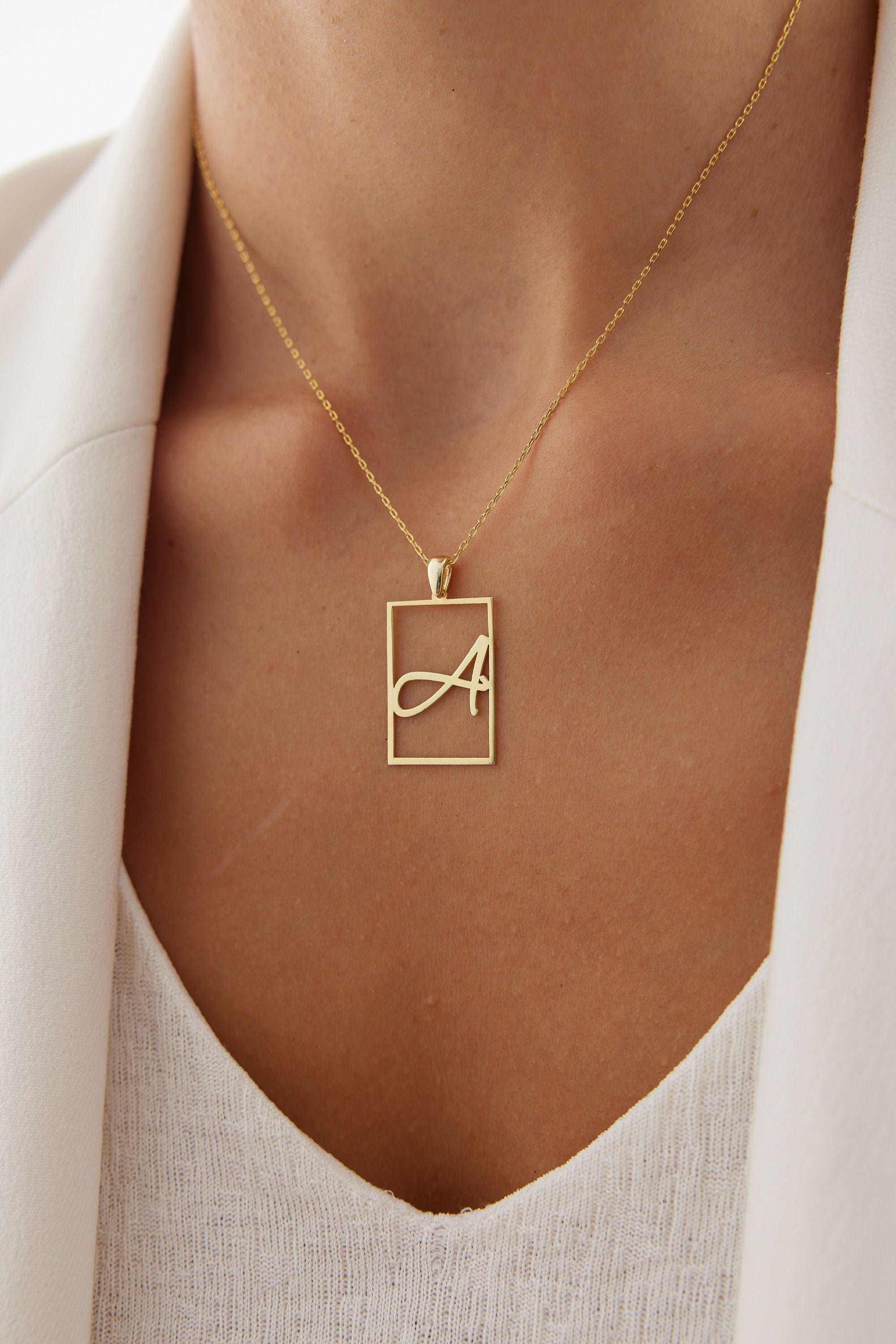 Framed Initial Necklace - 18K Gold-Plated Rectangle Pendant