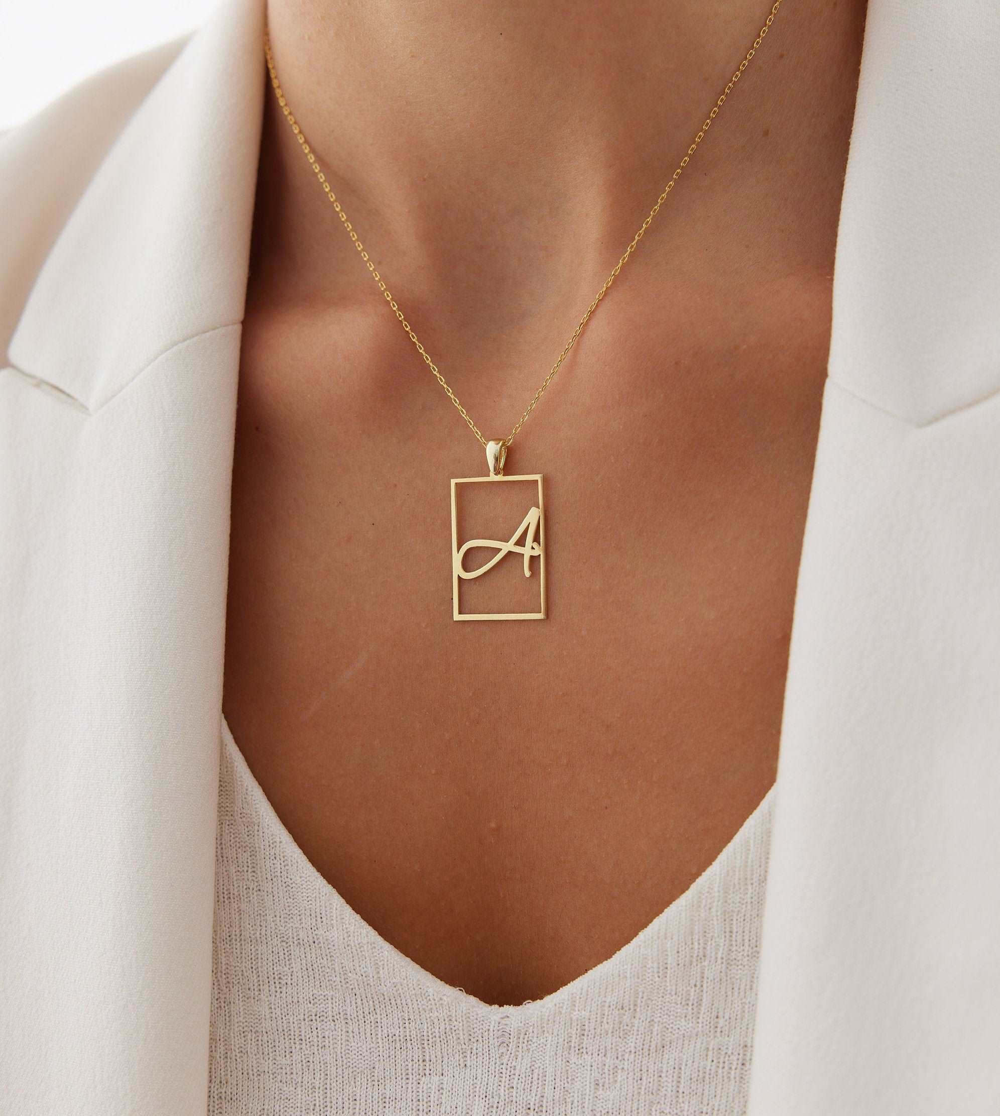 Framed Initial Necklace - 18K Gold-Plated Rectangle Pendant