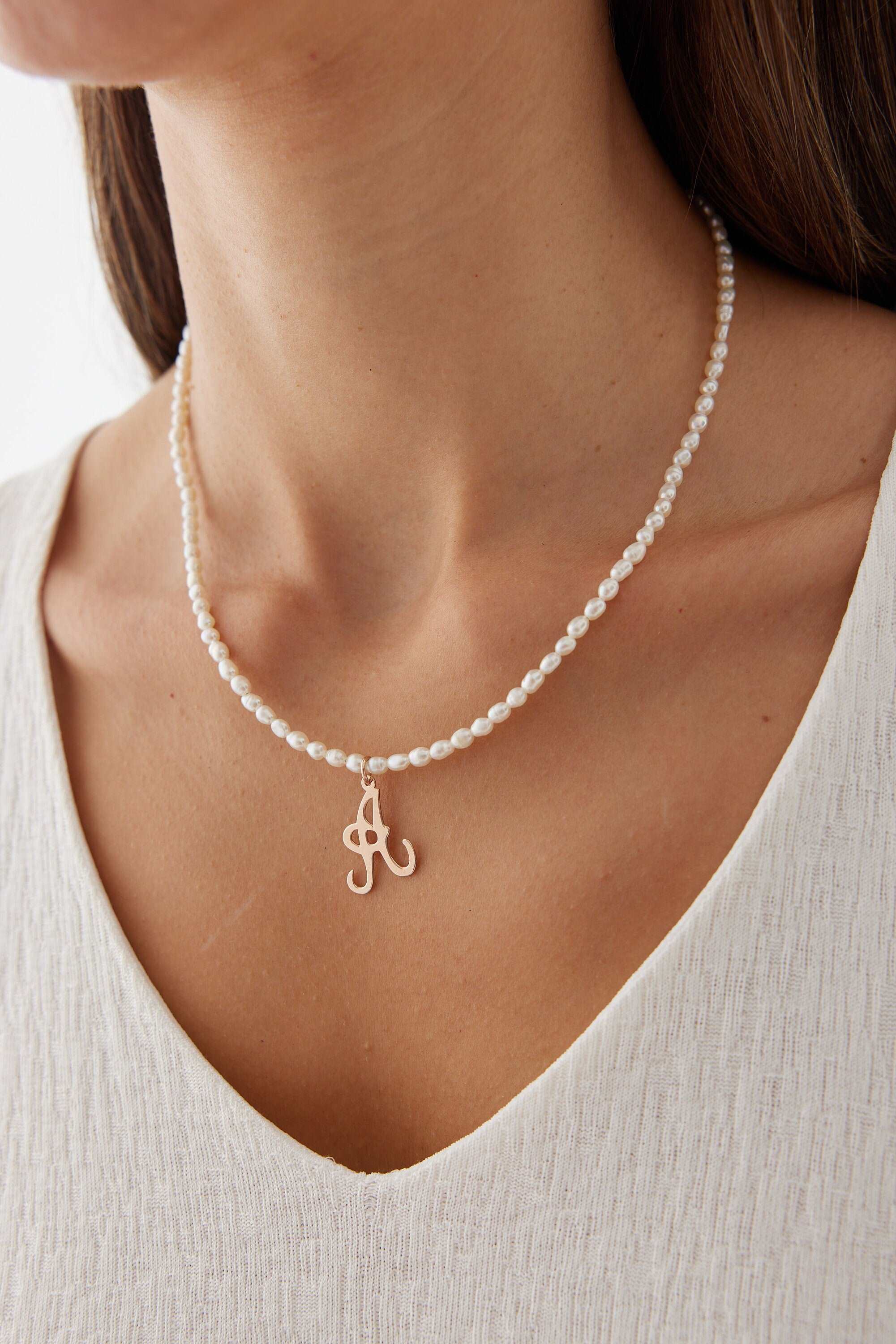 Freshwater Pearl Beaded Initial Letter Necklace, 18K Gold-Plated Sterling Silver