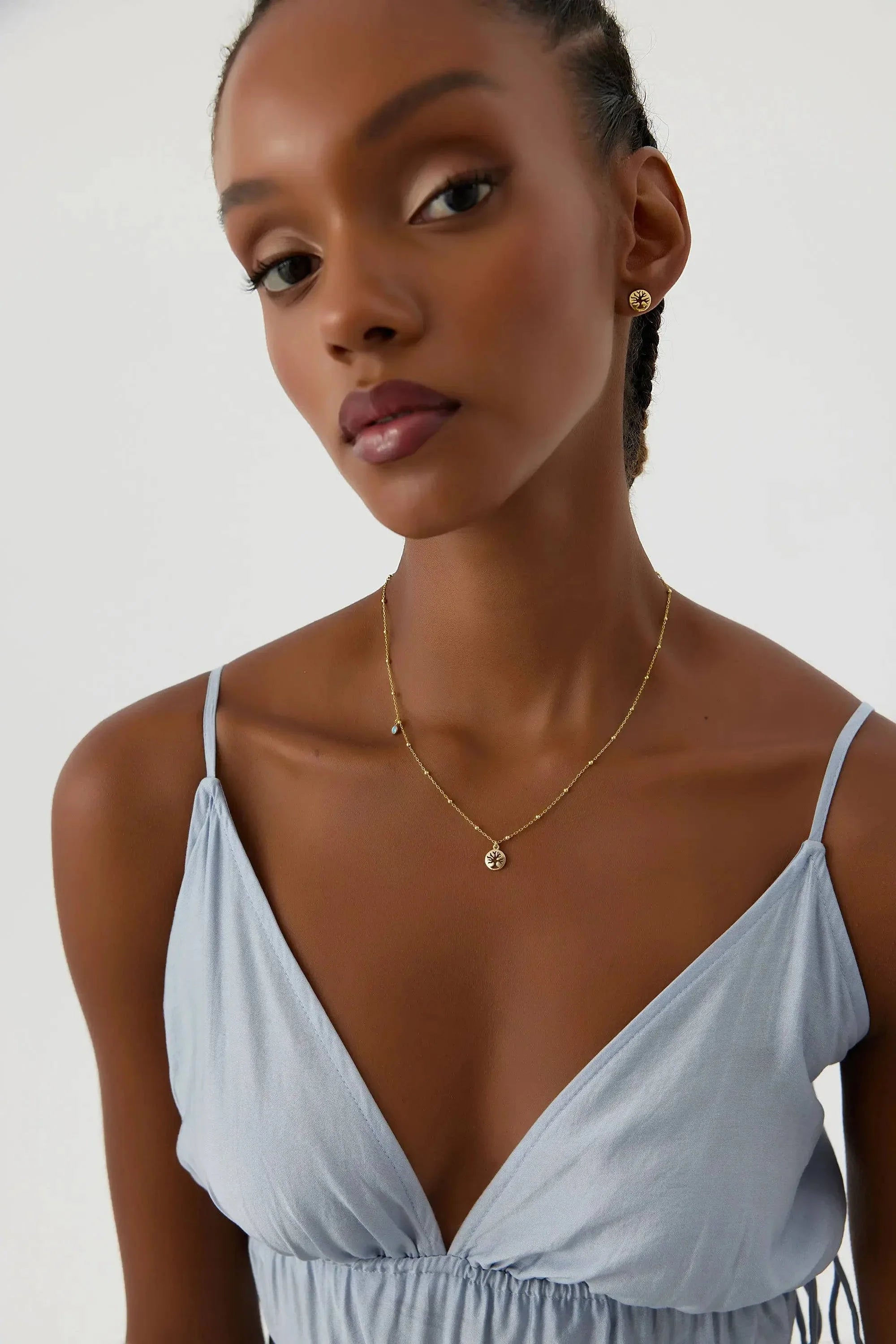 Dainty Tree of Life Turquoise Stone Necklace, 18K Gold-Plated Sterling Silver