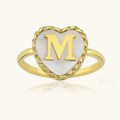Heart-Shaped Initial Ring, 18K Gold-Plated with Mother of Pearl Inlay