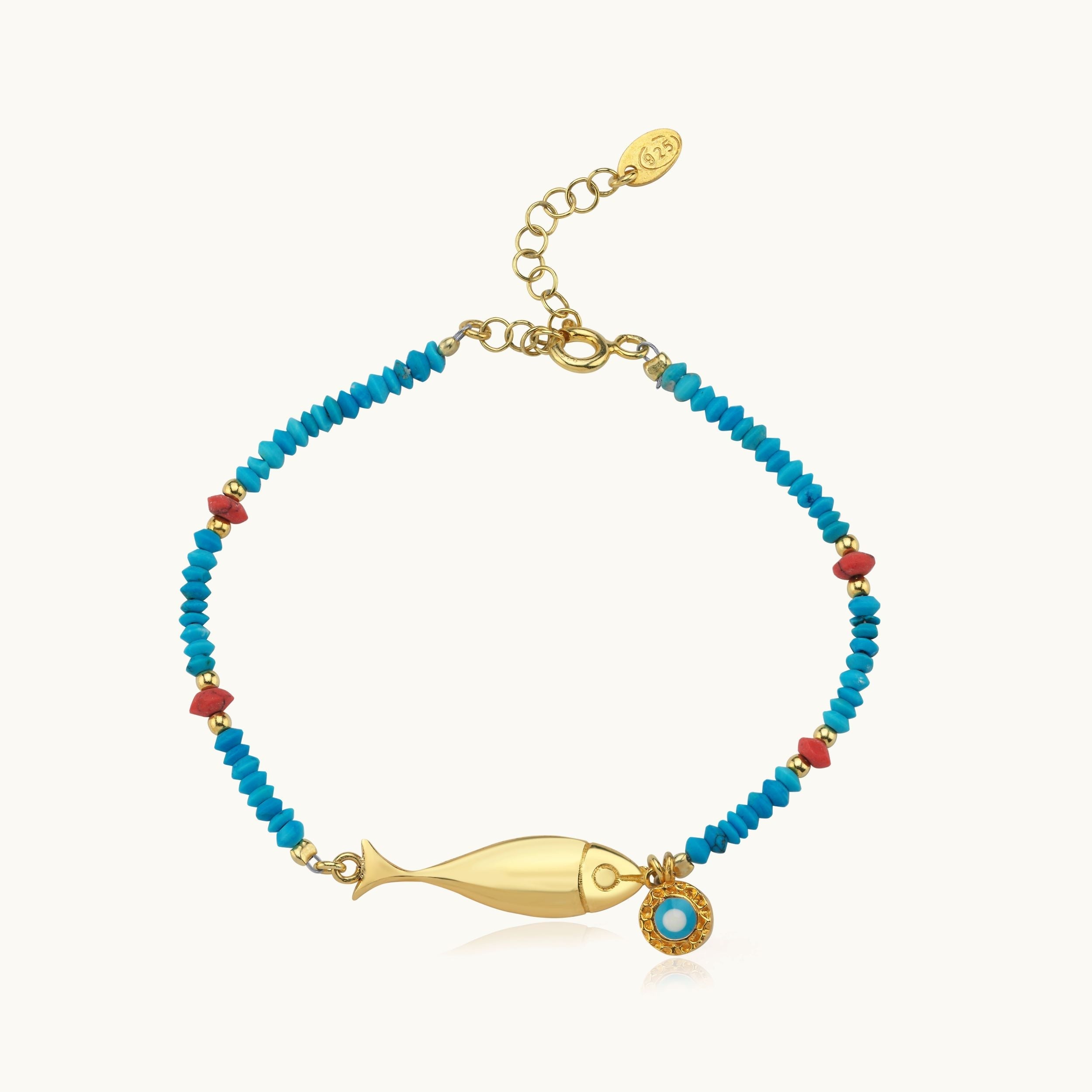 Turquoise Beaded Fish Charm Bracelet – 18K Gold-Plated Sterling Silver