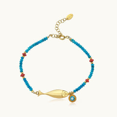 Turquoise Beaded Fish Charm Bracelet – 18K Gold-Plated Sterling Silver