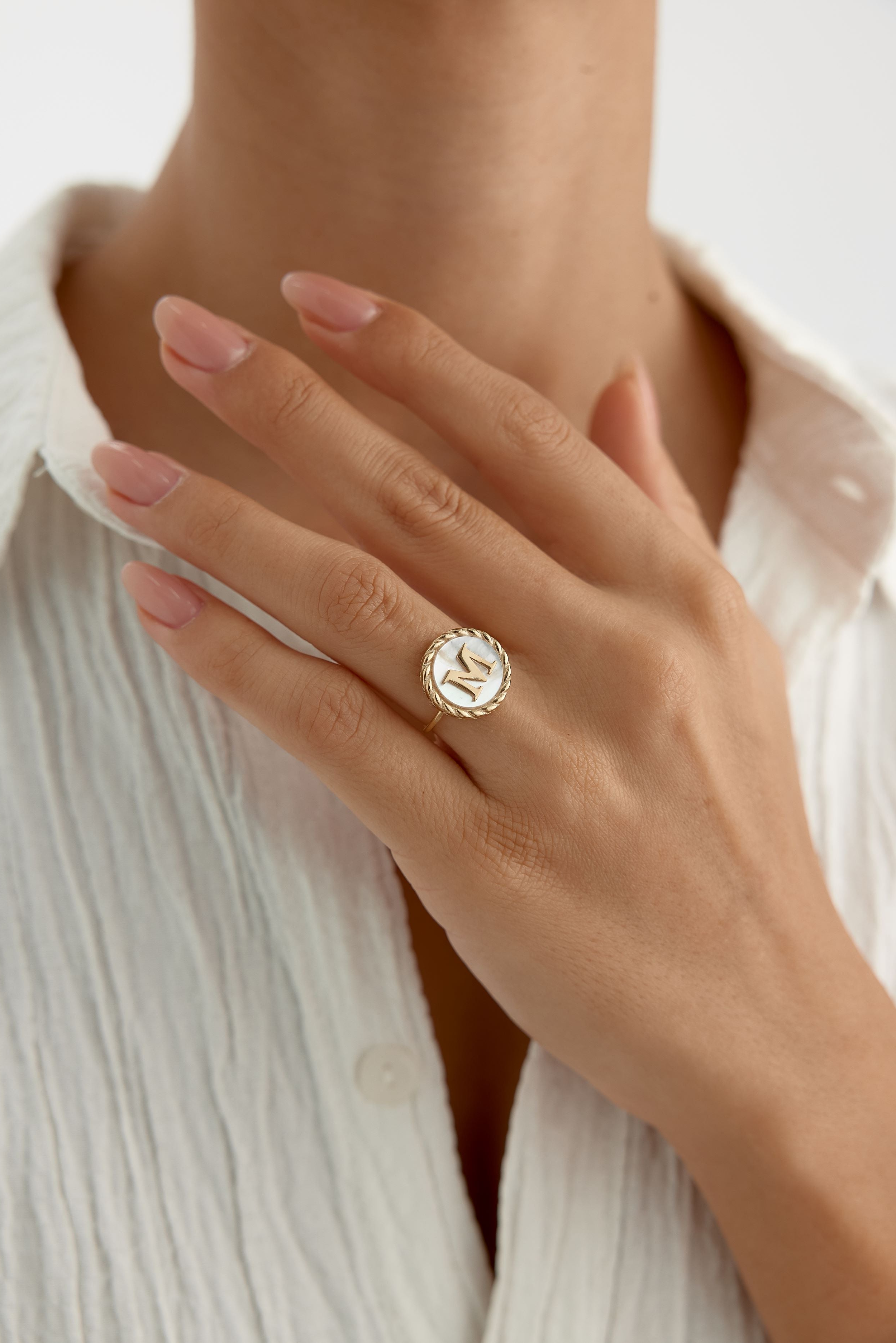 Mother of Pearl Initial Ring – 18K Gold-Plated Sterling Silver Personalized Ring