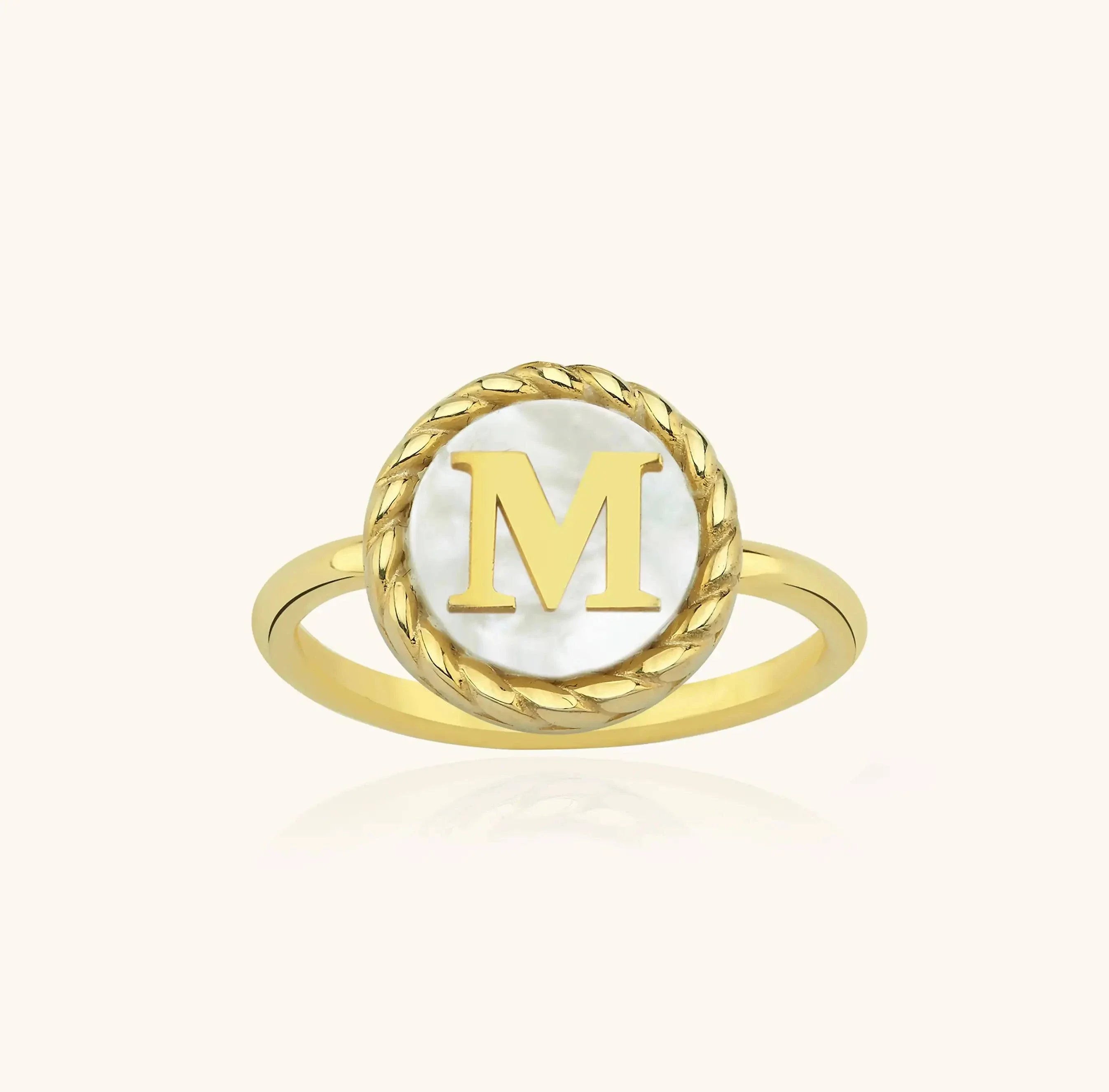 Mother of Pearl Initial Ring – 18K Gold-Plated Sterling Silver Personalized Ring