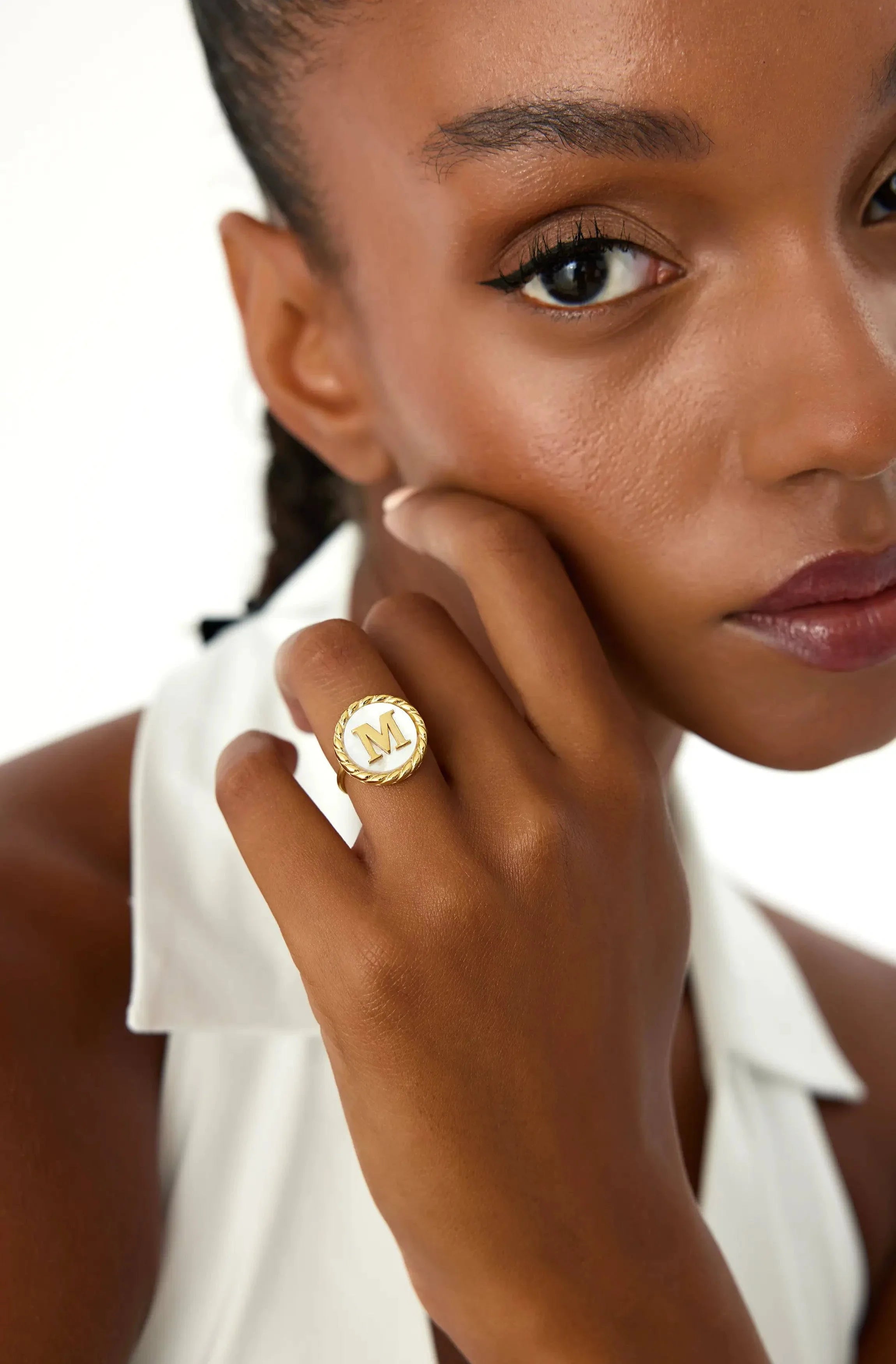 Mother of Pearl Initial Ring – 18K Gold-Plated Sterling Silver Personalized Ring