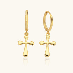 Cross Hoop Huggies Earrings, 18K Gold-Plated Sterling Silver Religious Jewelry