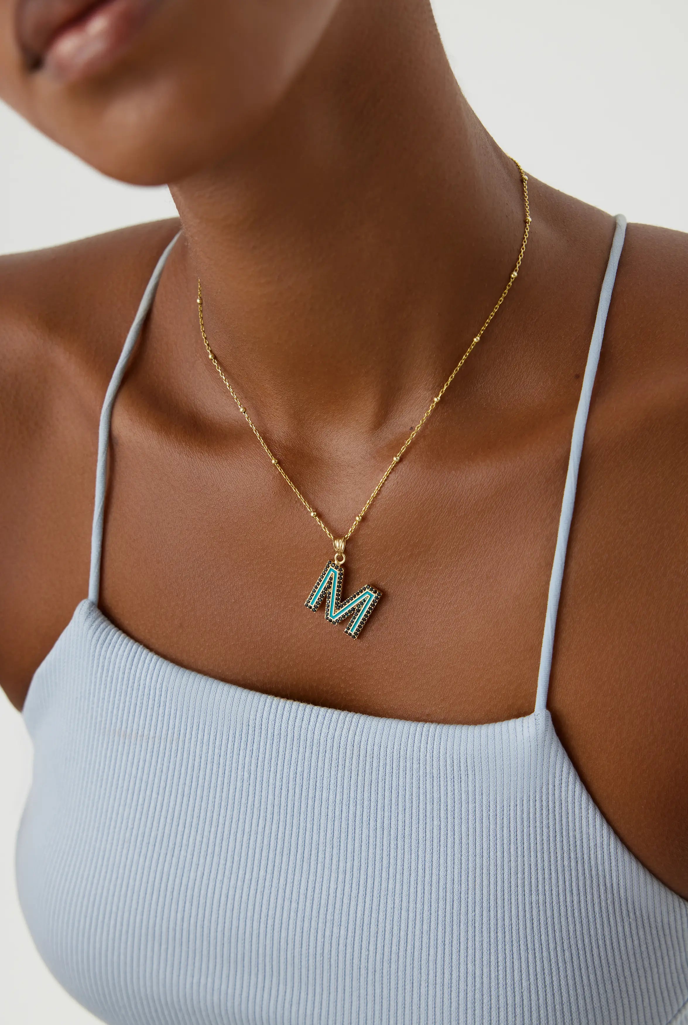 Enamel Letter CZ Black Diamonds Pendant Necklace, 18K Gold-Plated Sterling Silver