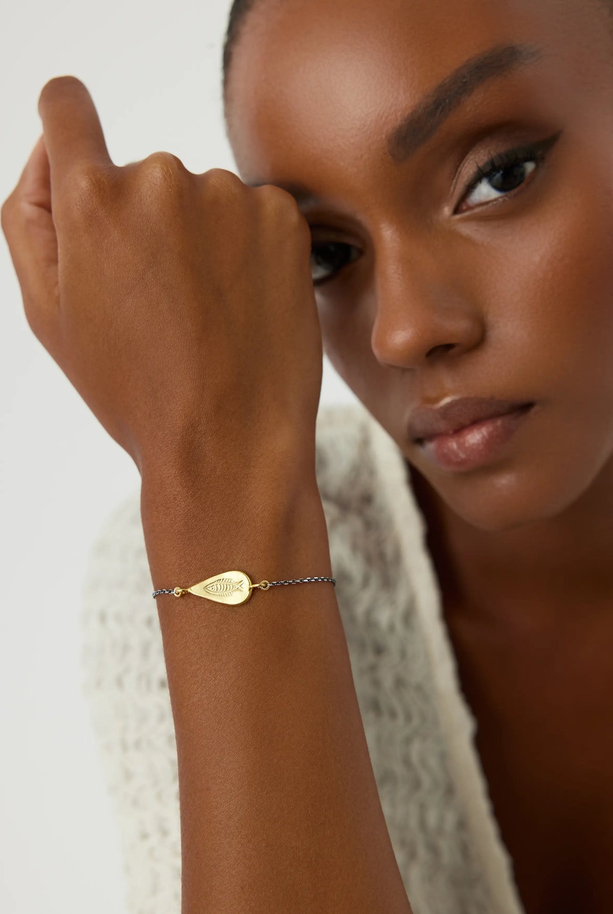 Urart Fish Engraved Bracelet, 18K Gold-Plated Oxidized Sterling Silver