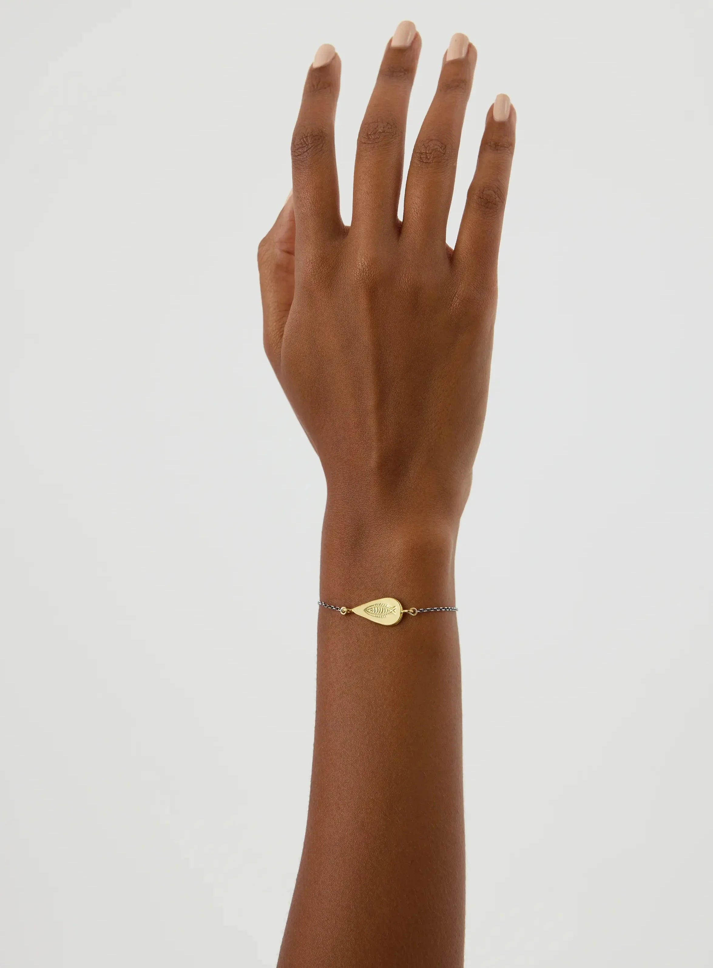 Urart Fish Engraved Bracelet, 18K Gold-Plated Oxidized Sterling Silver