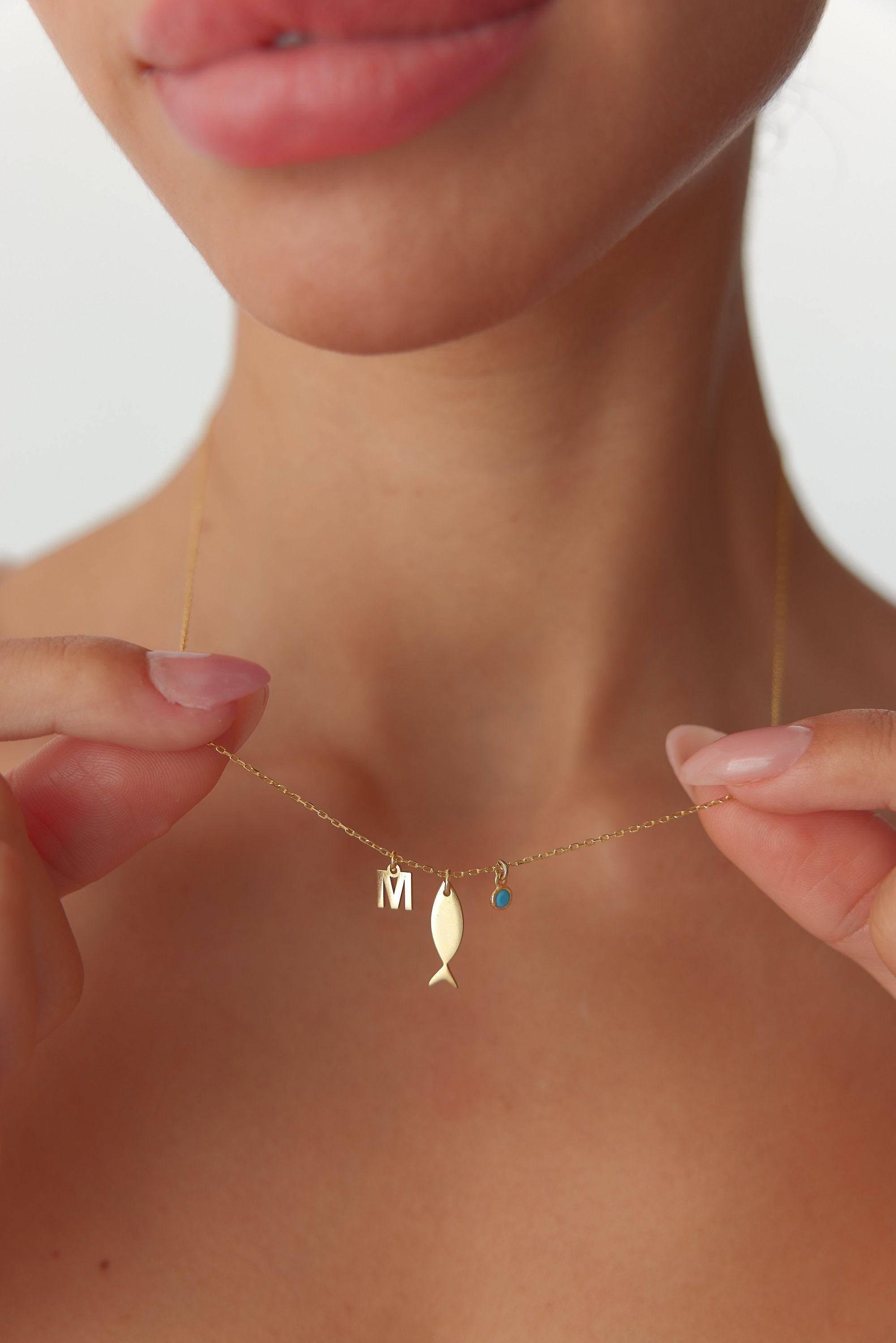 Fish and Initial Necklace, 18K Gold-Plated Sterling Silver Customizable Charm Necklace for Women