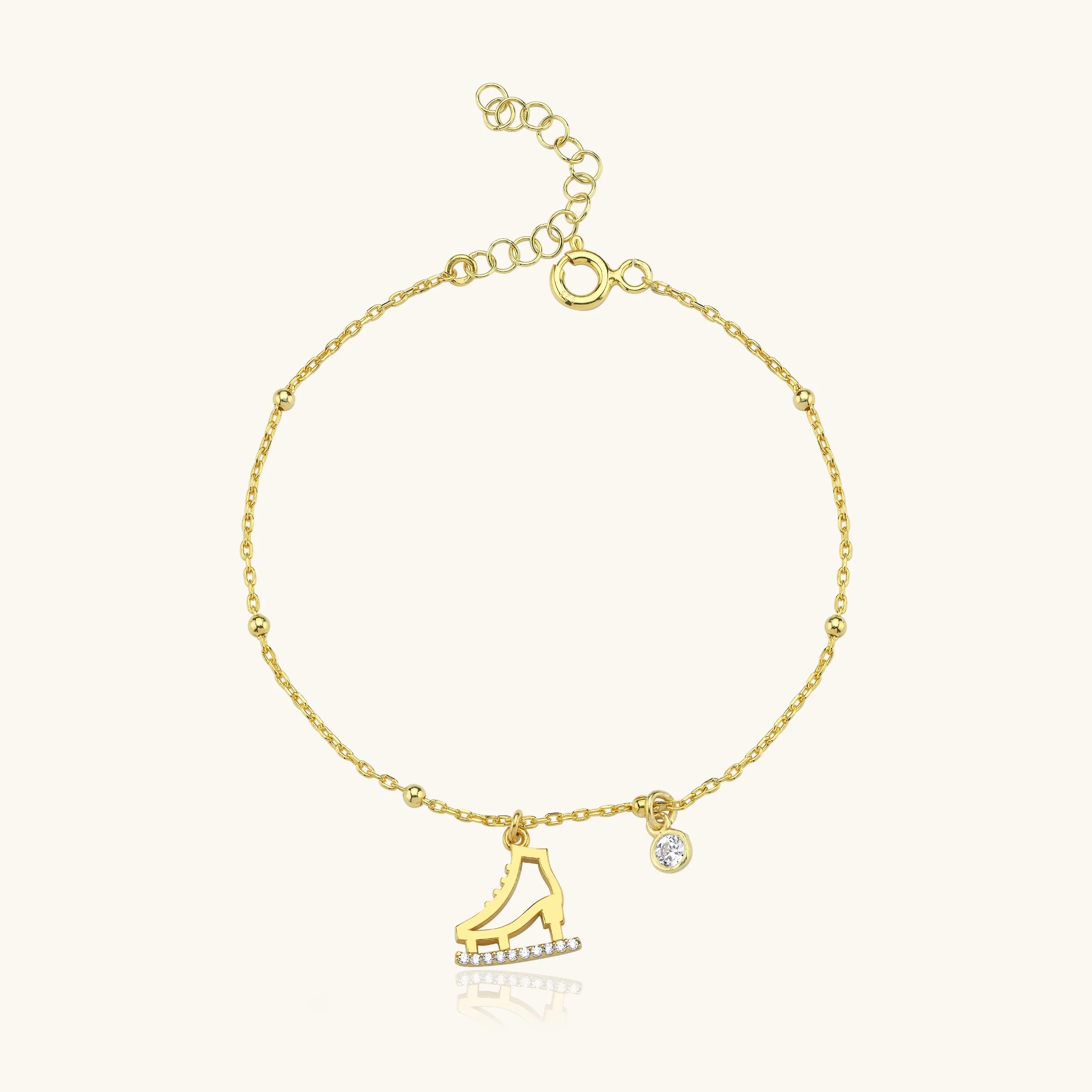 Ice Skate Charm Bracelet – 18K Gold-Plated Sterling Silver with Crystal Accent