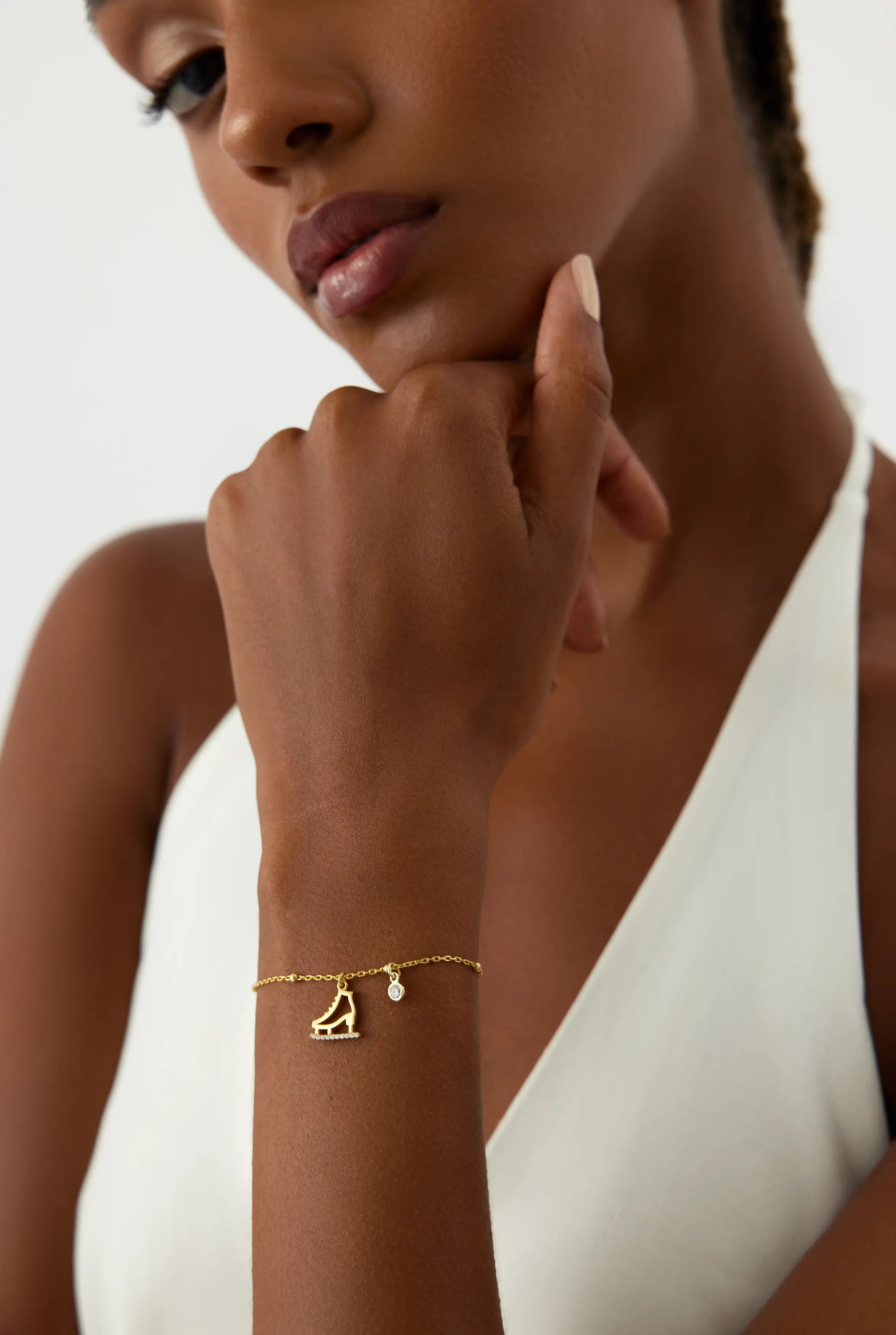 Ice Skate Charm Bracelet – 18K Gold-Plated Sterling Silver with Crystal Accent