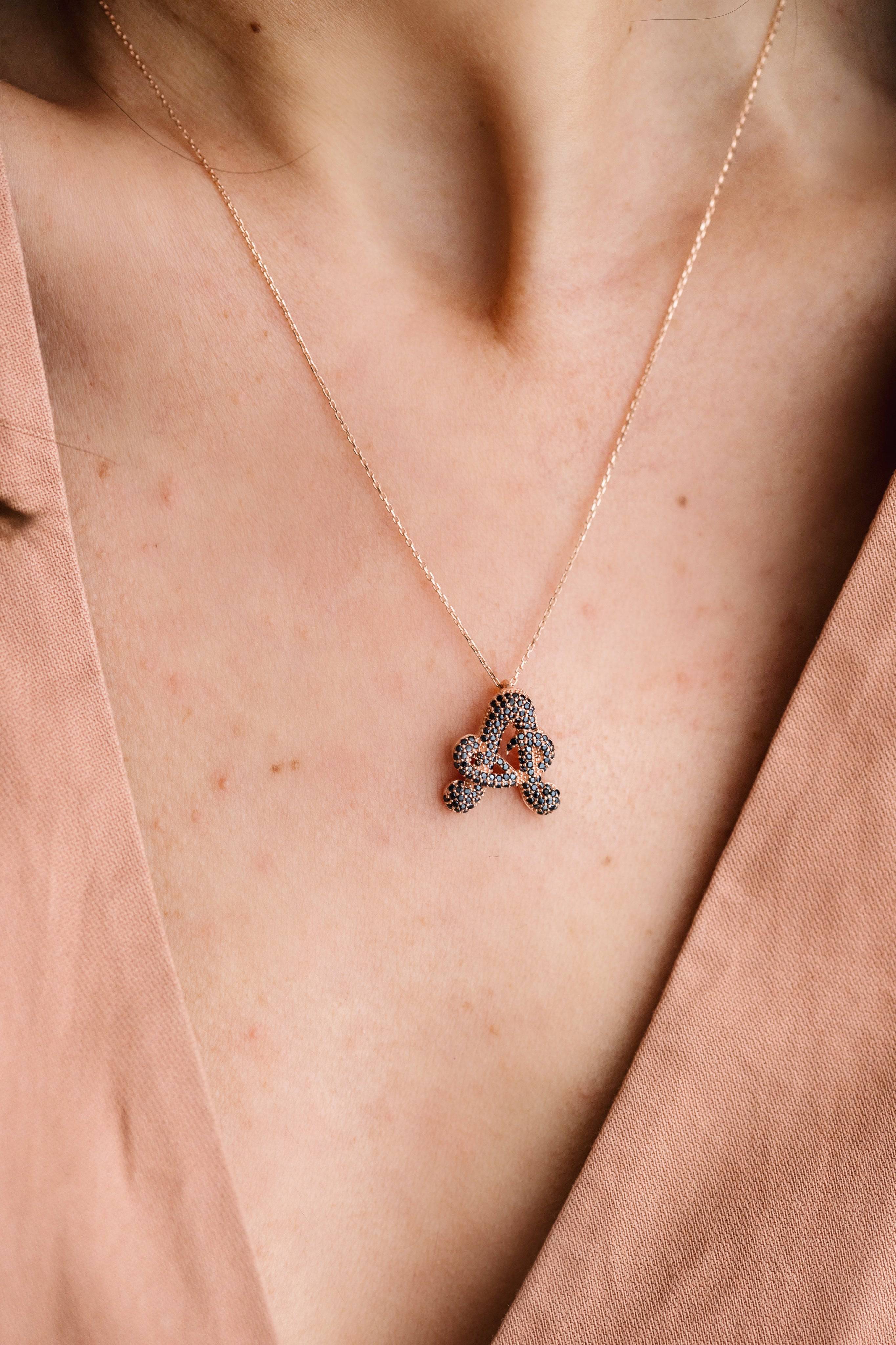 Gold Initial Necklace with Black Stones - Personalized 18K Gold-Plated Pendant