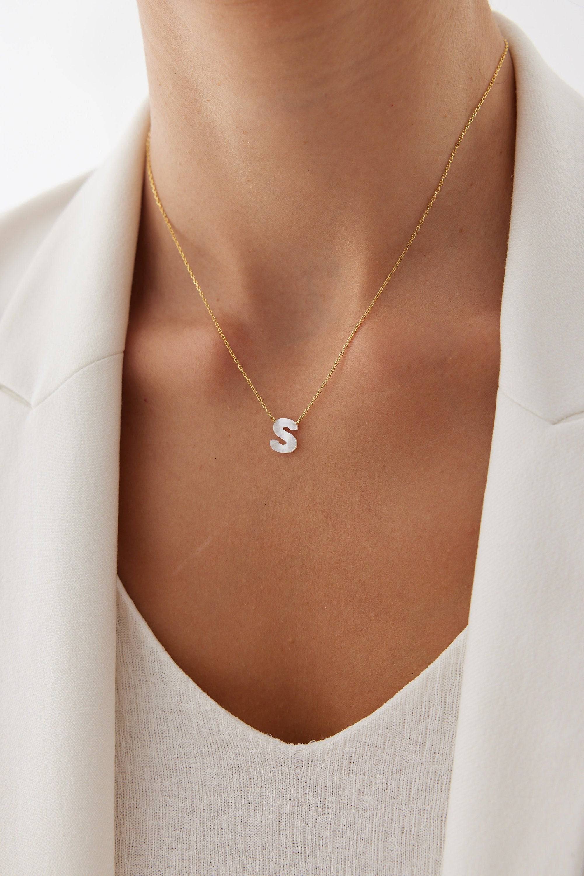 Mother of Pearl Initial Necklace – 18K Gold-Plated Sterling Silver Custom Letter Necklace