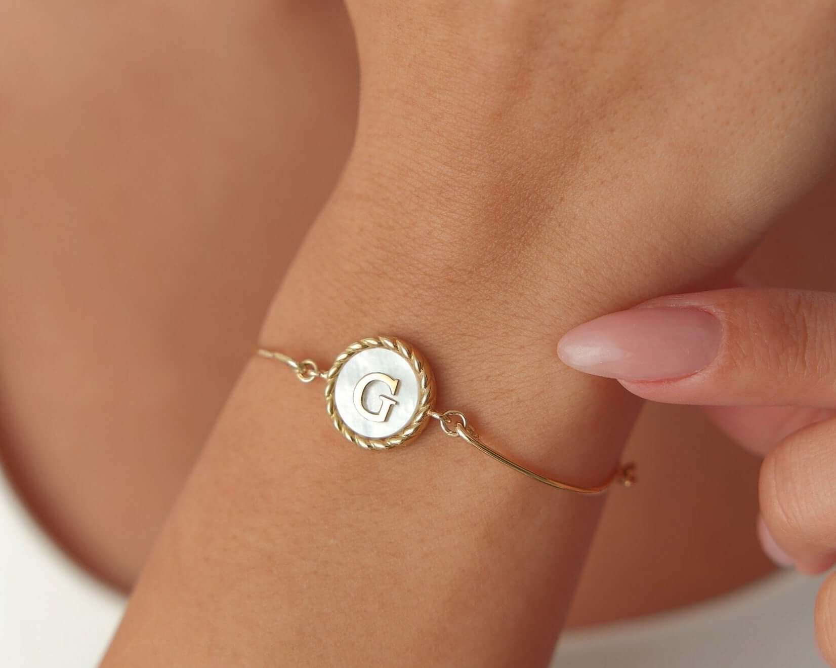 Pearl Letter Bracelet, Custom Mother of Pearl 18K Gold-Plated Sterling Silver Bracelet