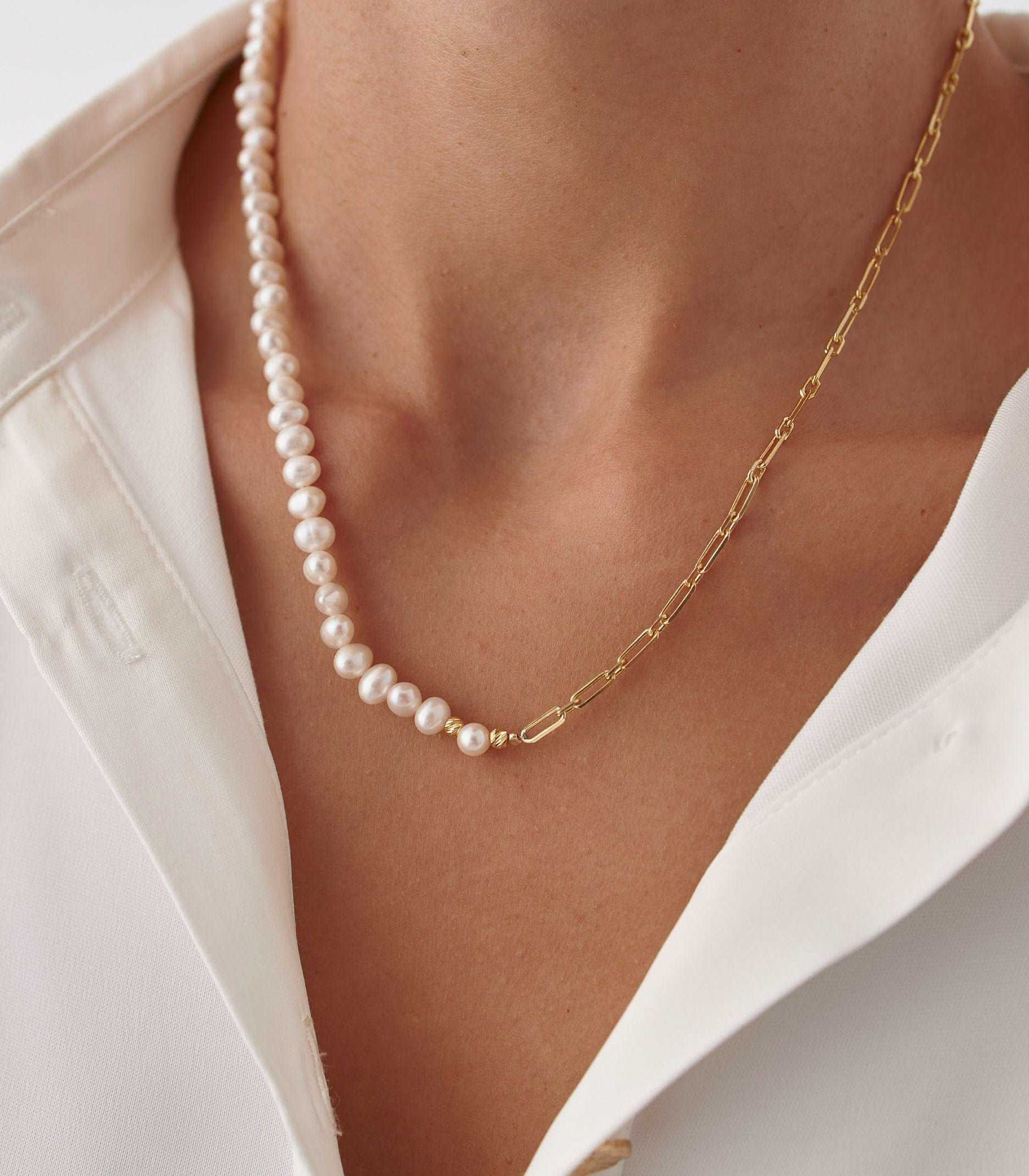 Handmade Freshwater Pearl Beaded Chain Necklace, 18K Gold-Plated Sterling Silver