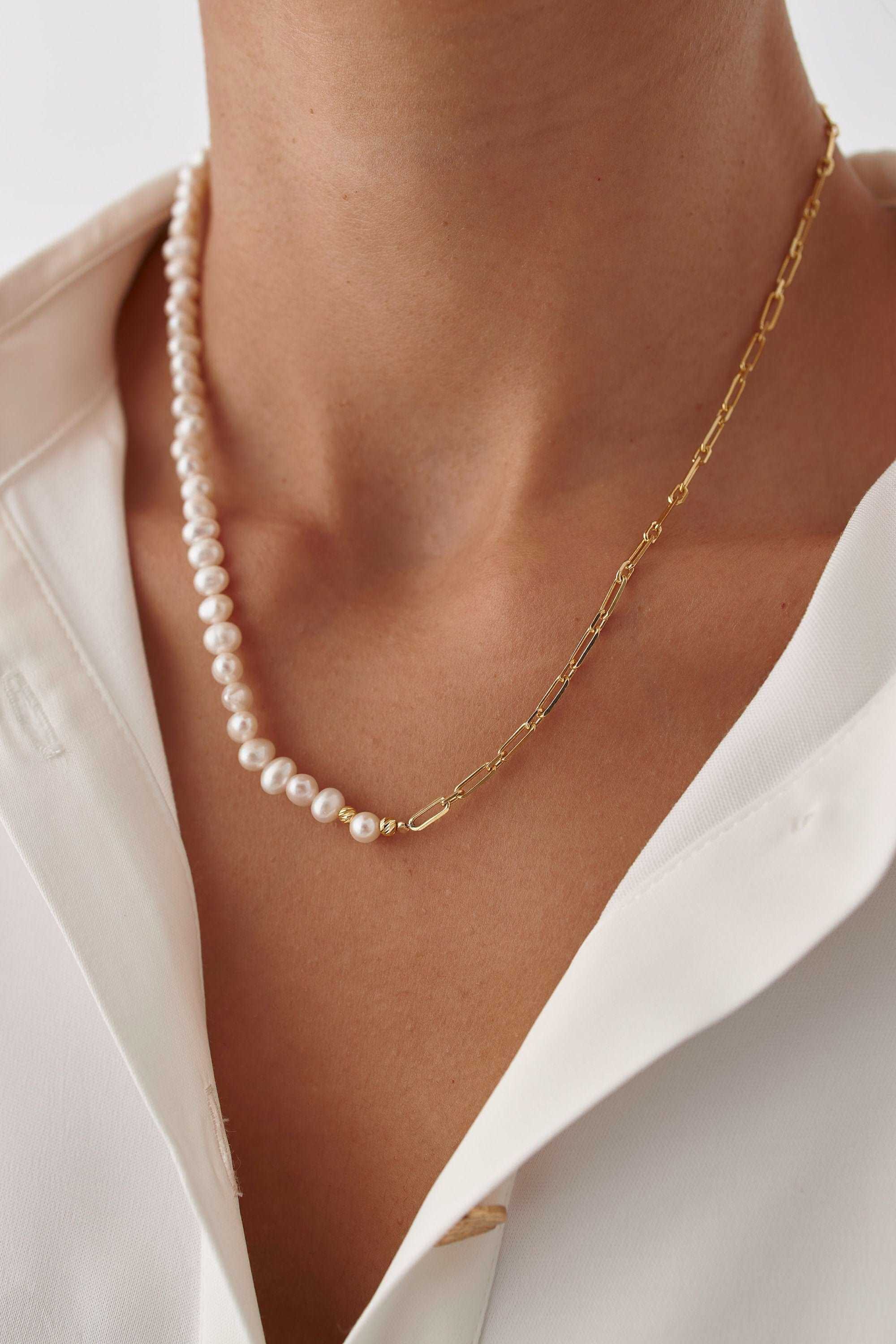 Handmade Freshwater Pearl Beaded Chain Necklace, 18K Gold-Plated Sterling Silver