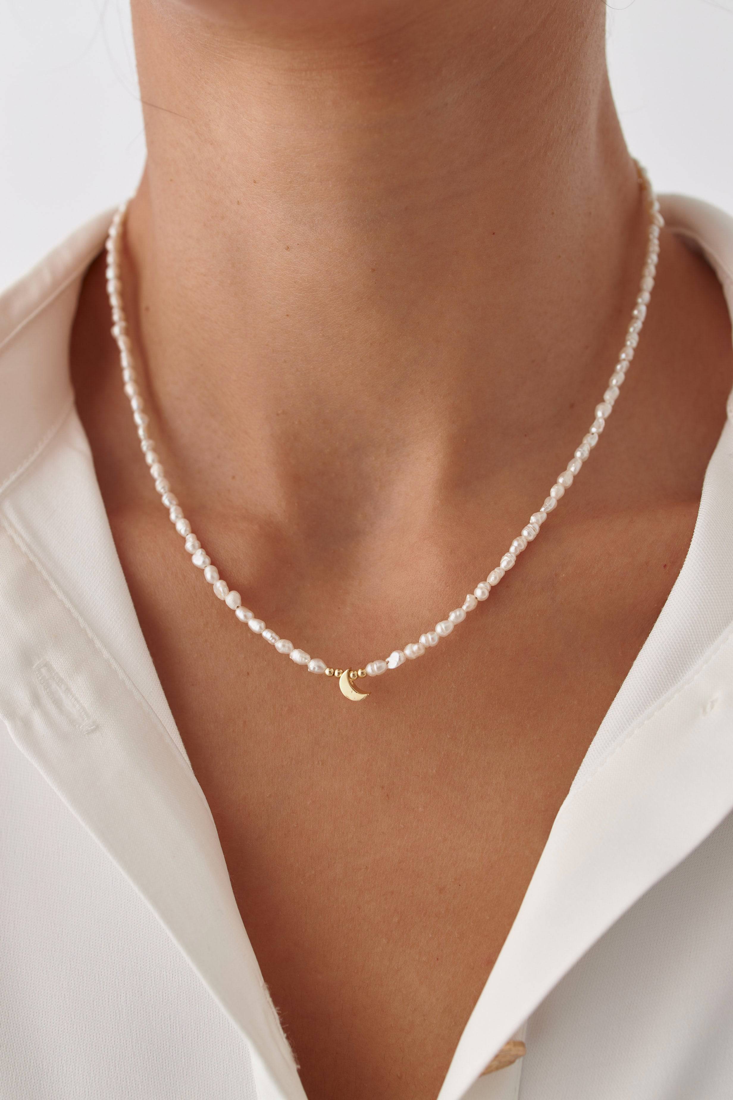 Moon and Freshwater Pearl Necklace – 925K Sterling Silver with 18K Gold-Plating